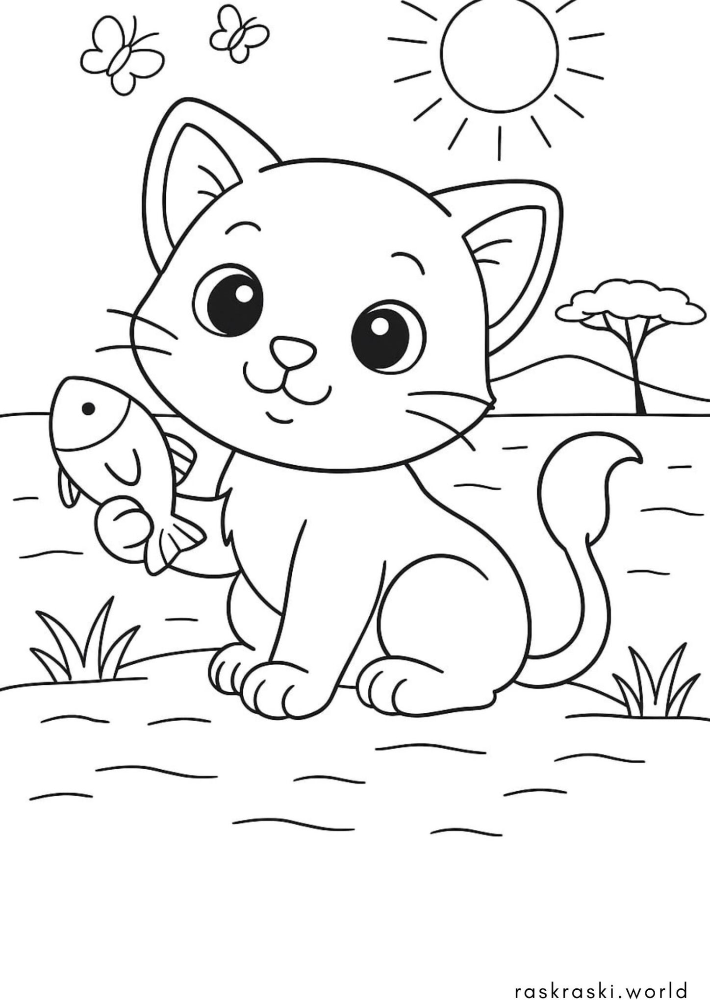 Раскраска Котик с рыбкой