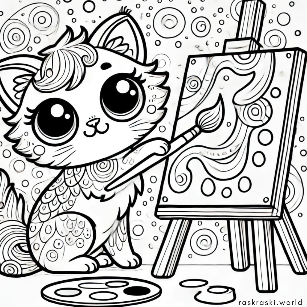 Раскраска Котик рисует для взрослых