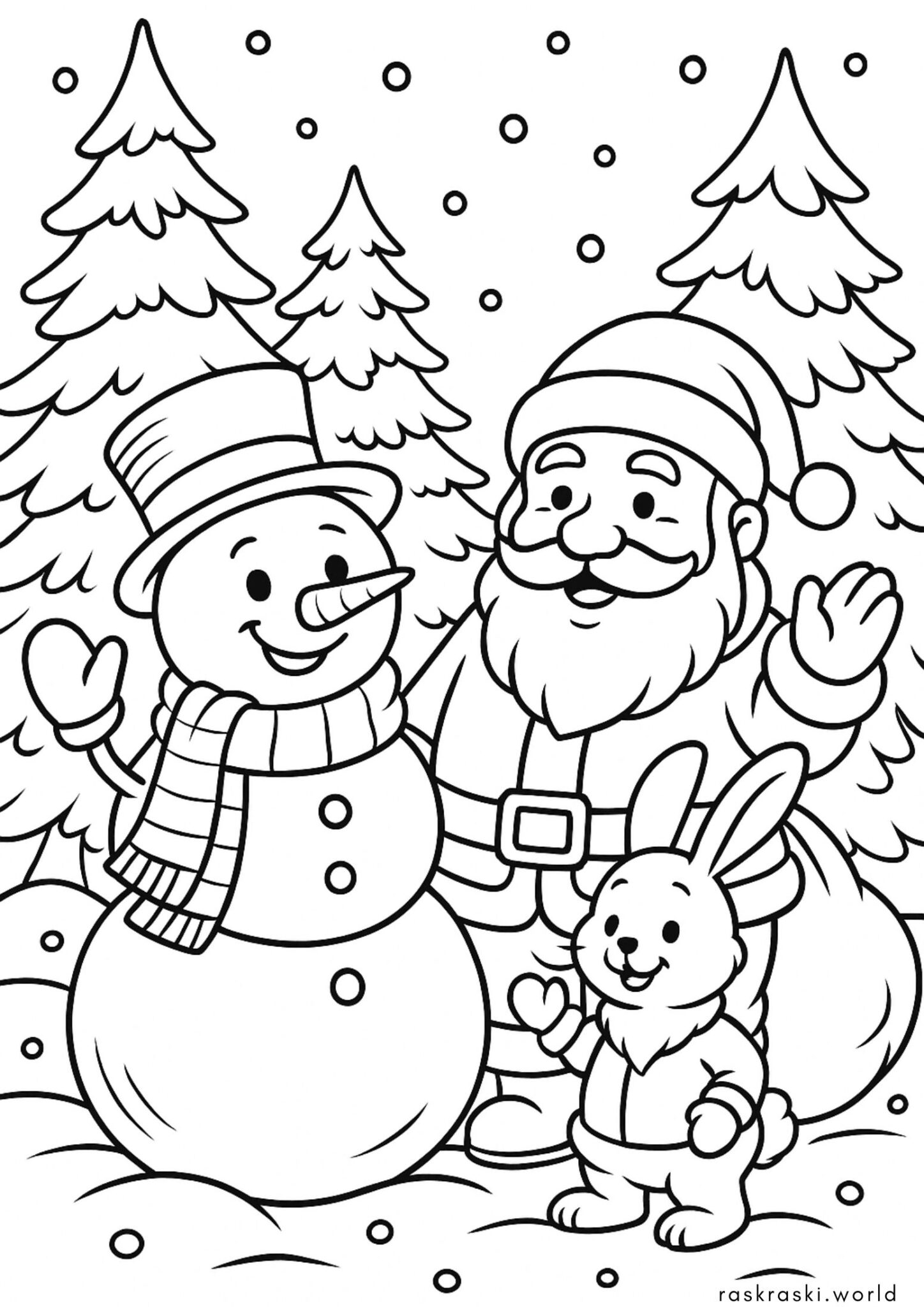 Раскраска Дед Мороз, снеговик и зайчик