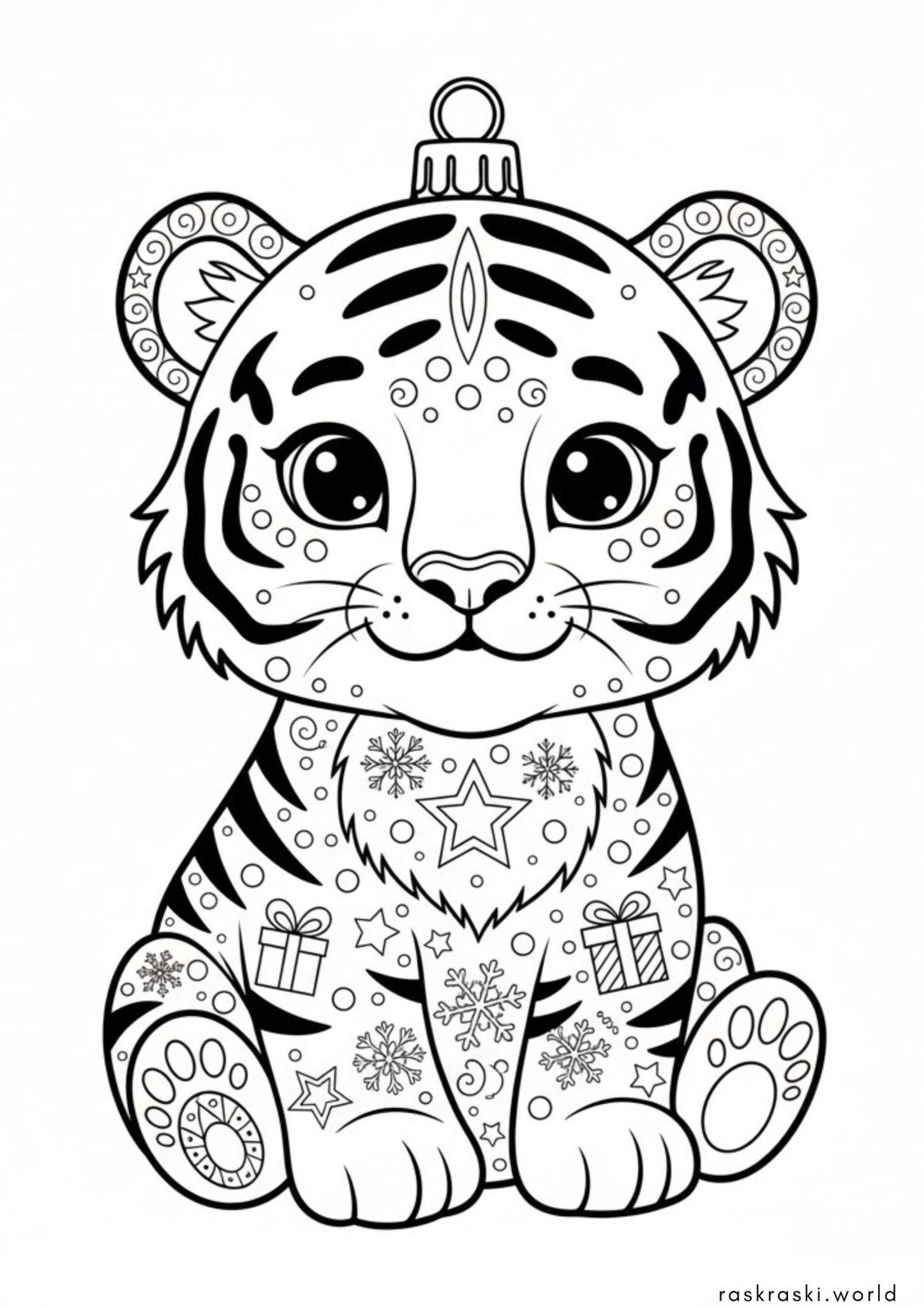Раскраска Елочная игрушка тигренок