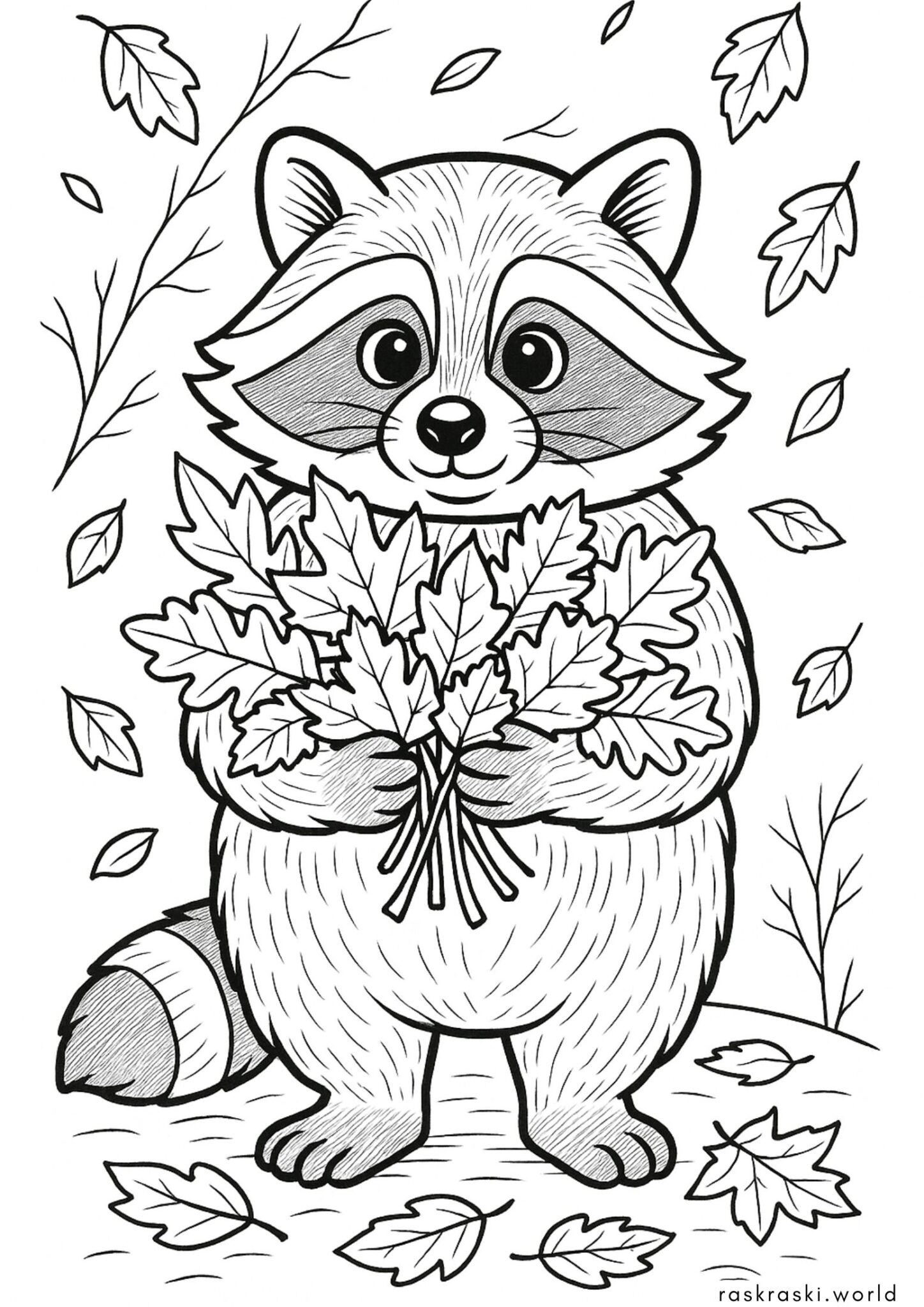 Раскраска Енотик с осенними листочками