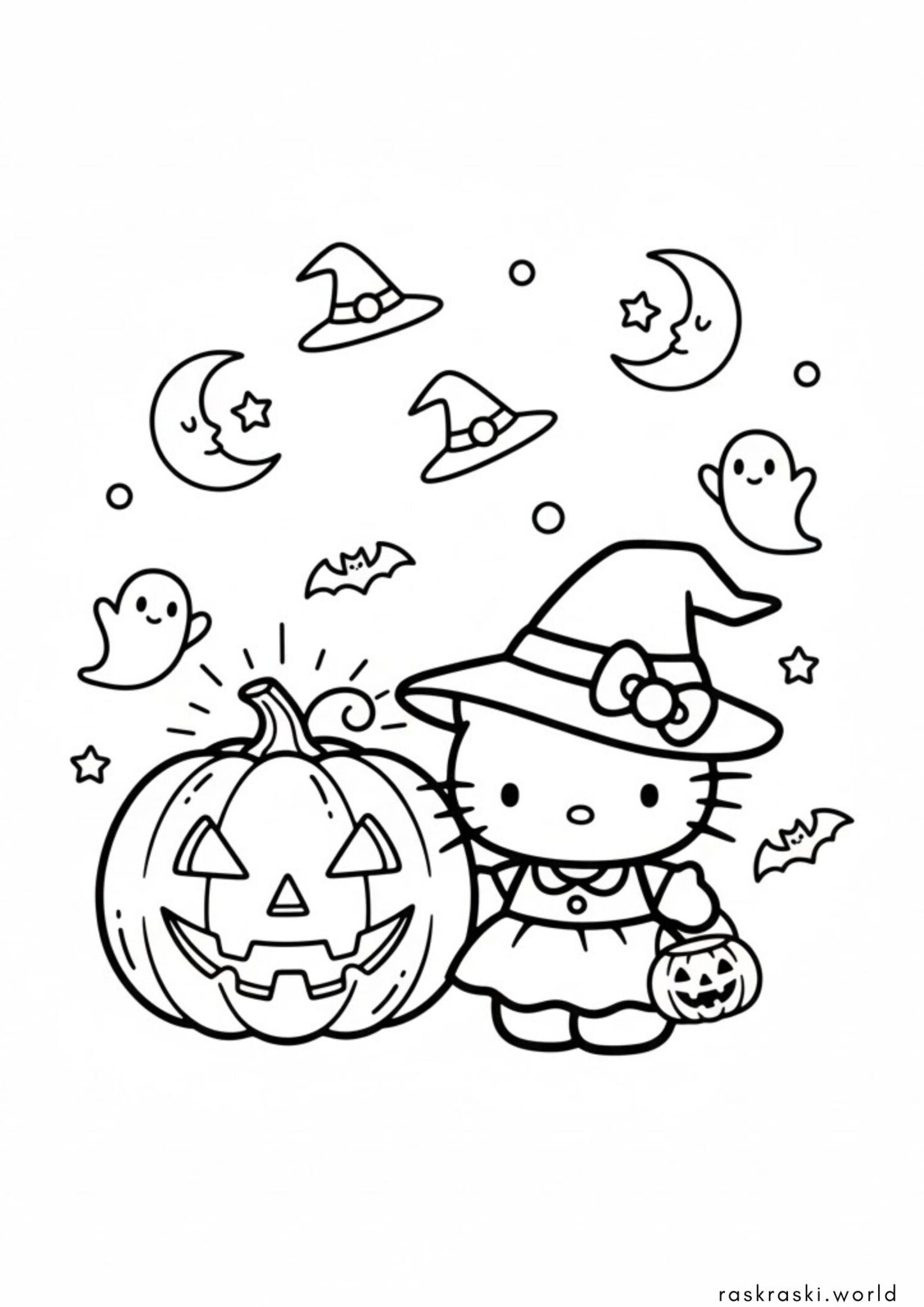 Раскраска Hello Kitty с тыквой для Хэллоуина