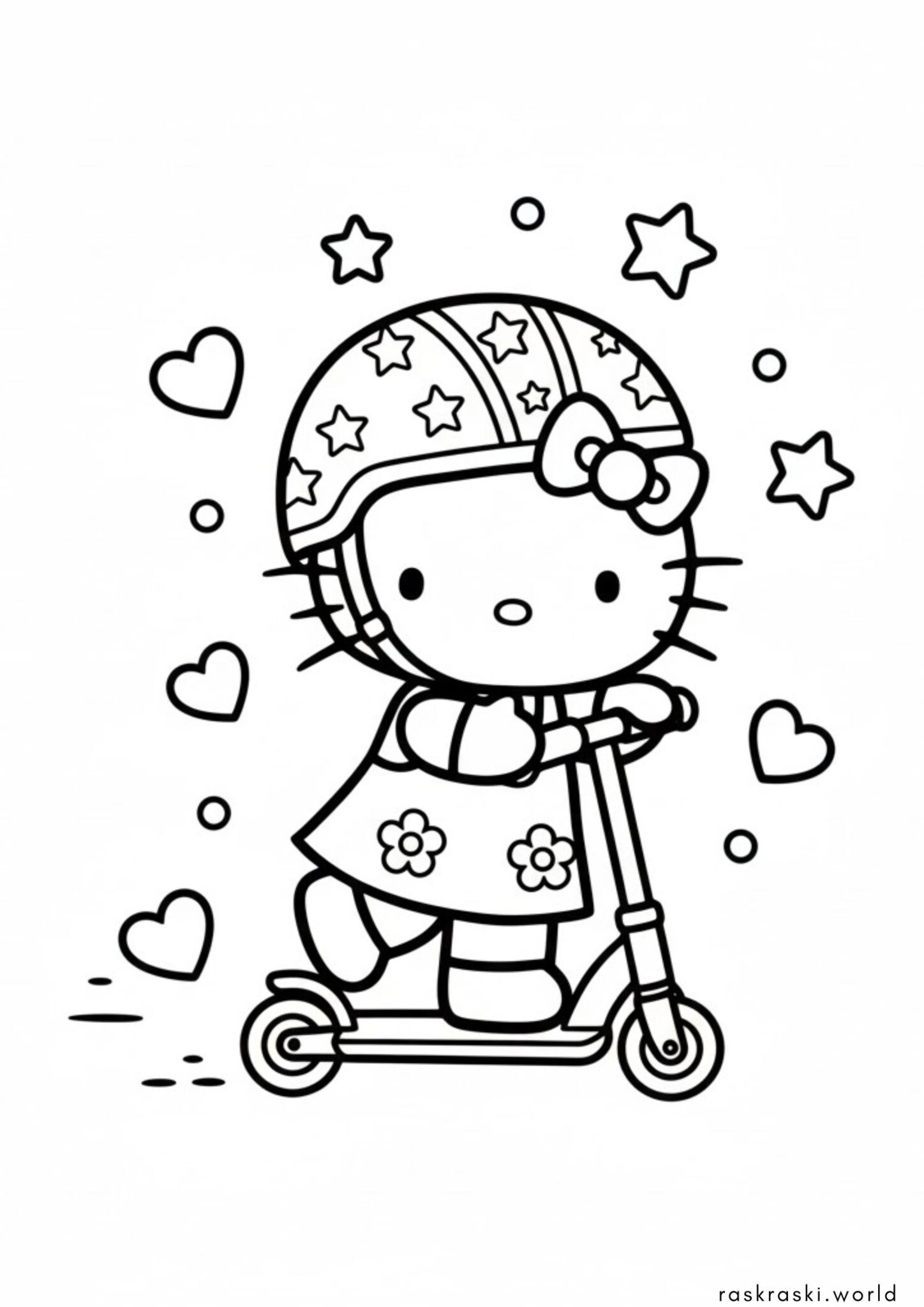 Раскраска Хэллоу Китти на самокате