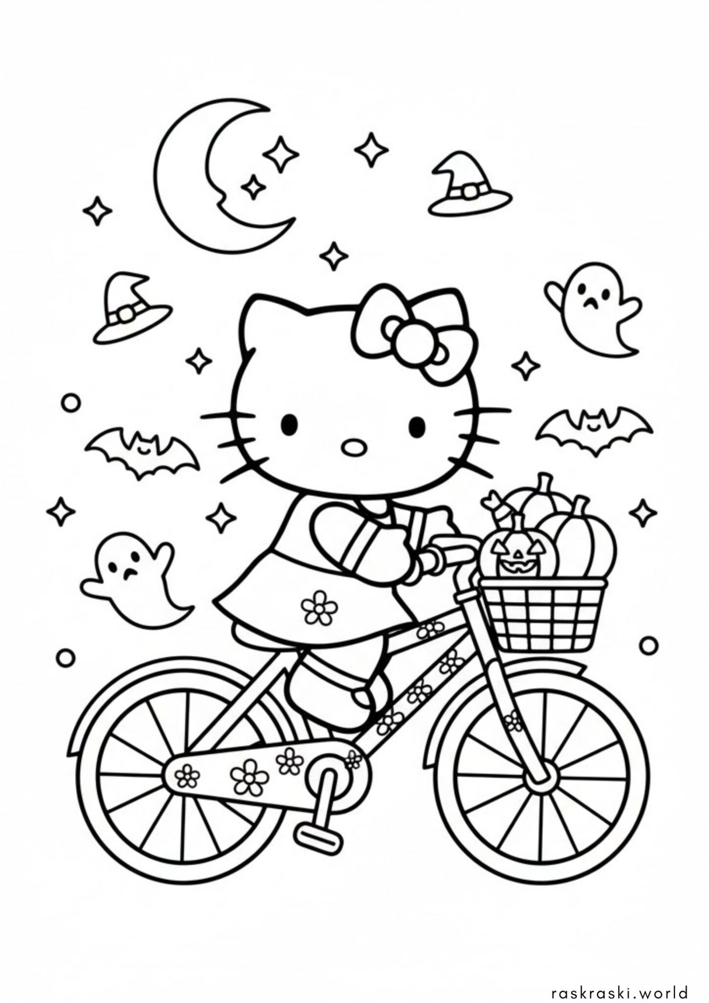 Раскраска Хеллоу Китти на велосипеде в Хэллоуин
