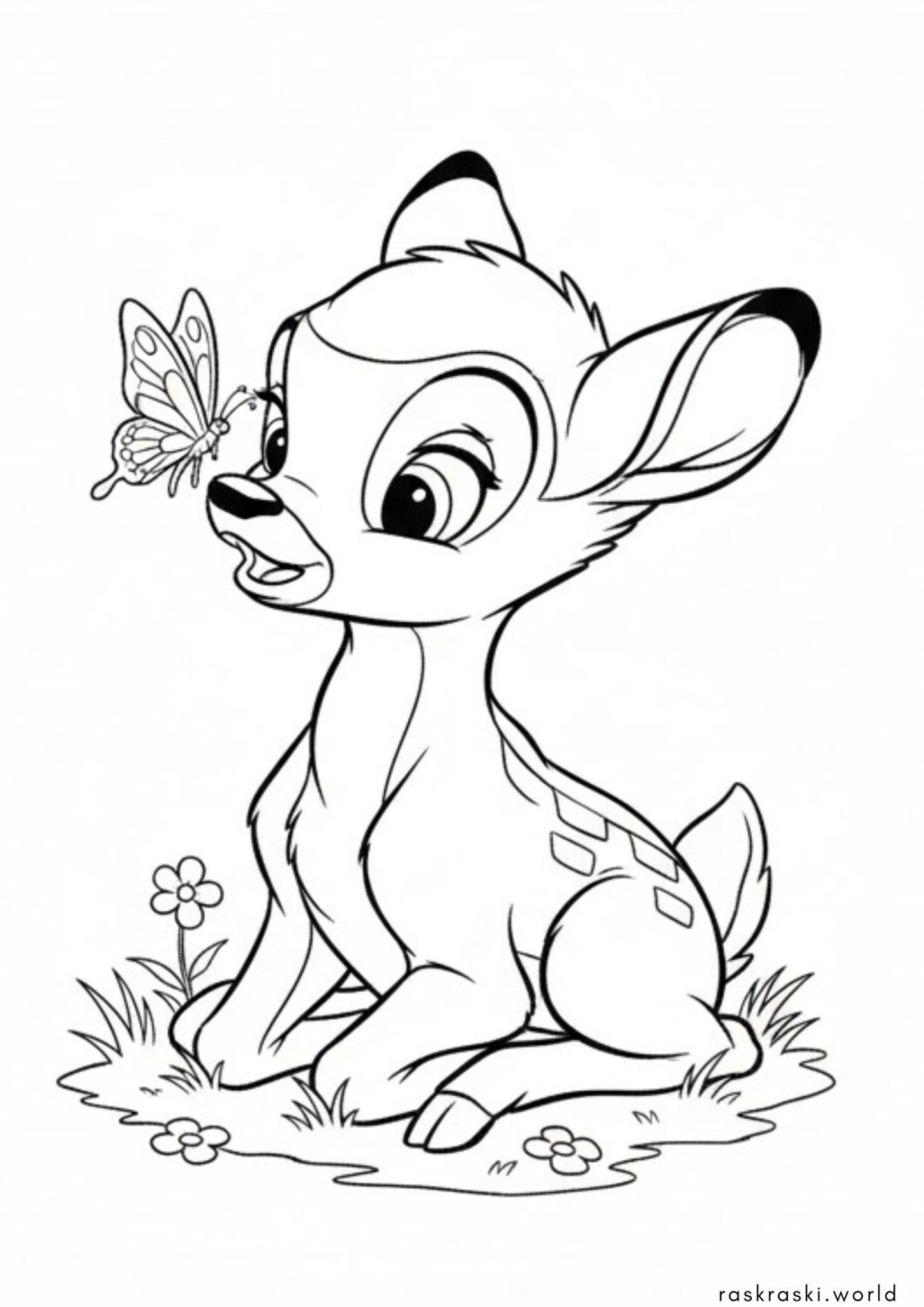 Раскраска Олененок Бэмби и бабочка