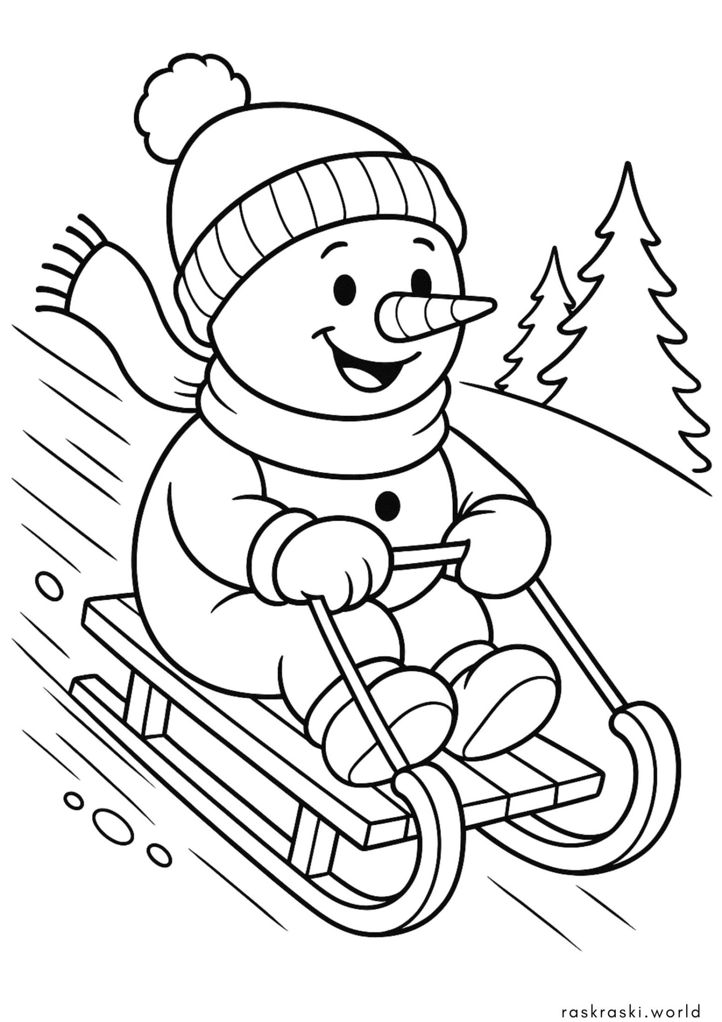 Раскраска Снеговичок катается на санках