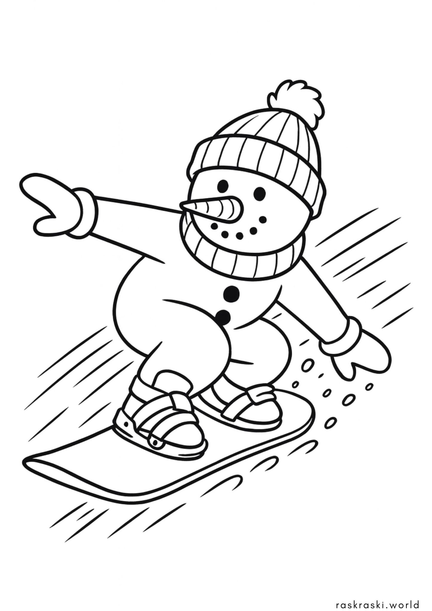 Раскраска Снеговик катается на сноуборде