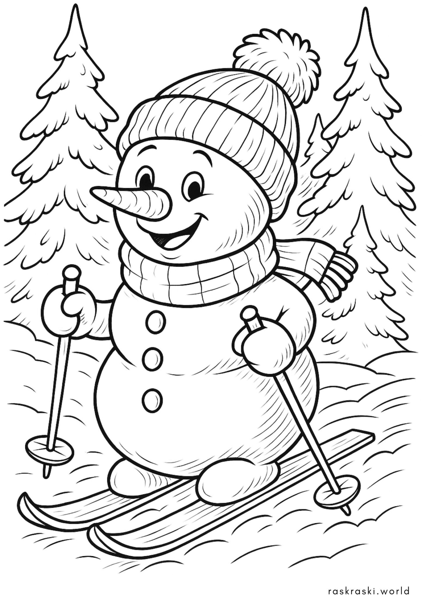 Раскраска Снеговик на лыжах Раскраска Снеговик на лыжах