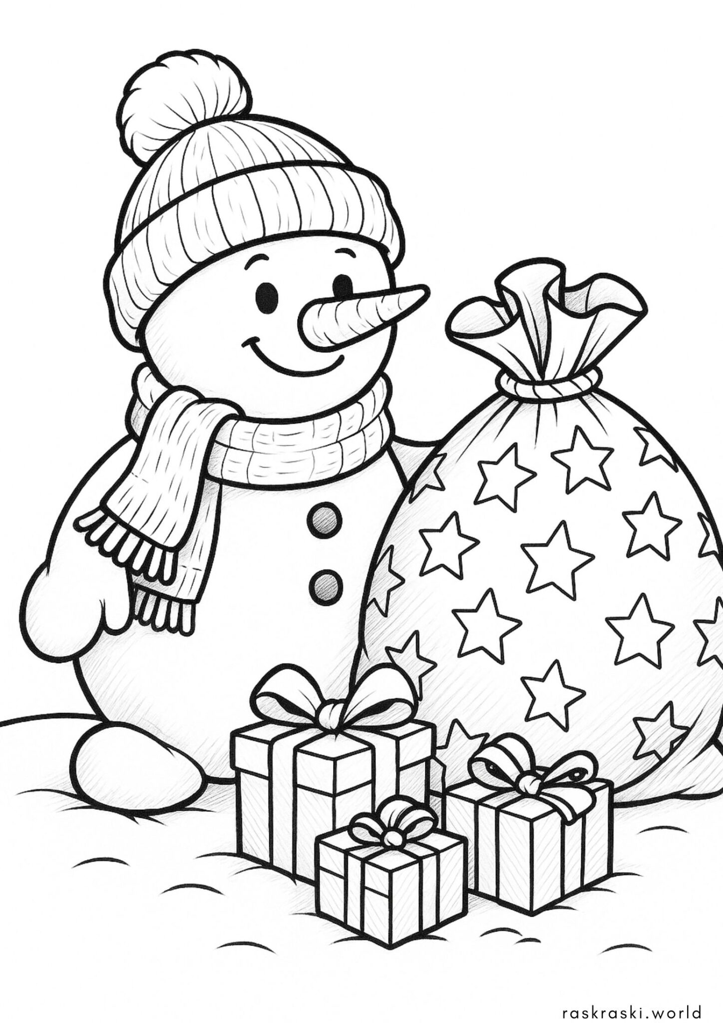 Раскраска Снеговик с мешком подарков Раскраска Снеговик с мешком подарков