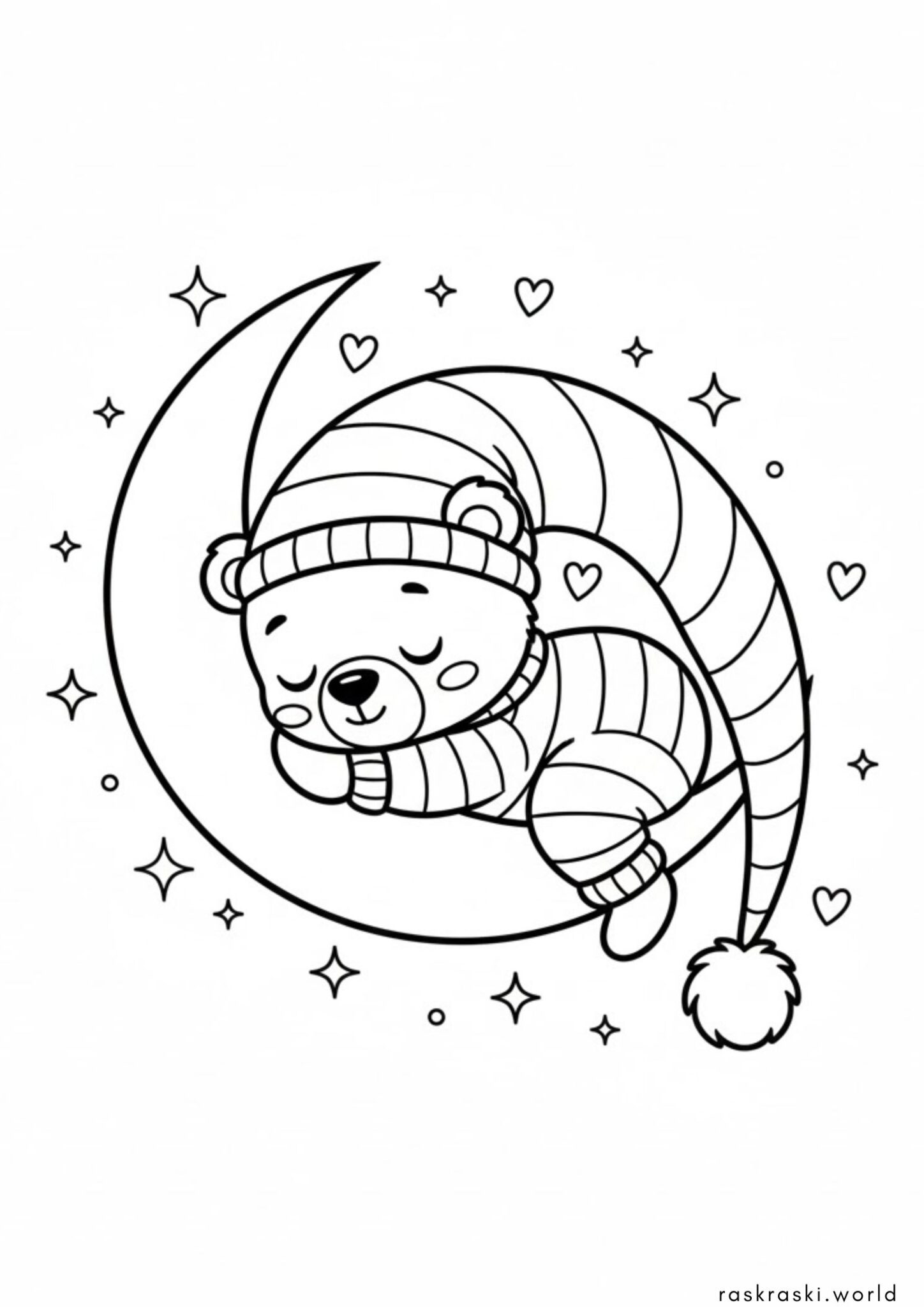 Раскраска Сонный медвежонок на Месяце Раскраска Сонный медвежонок на Месяце