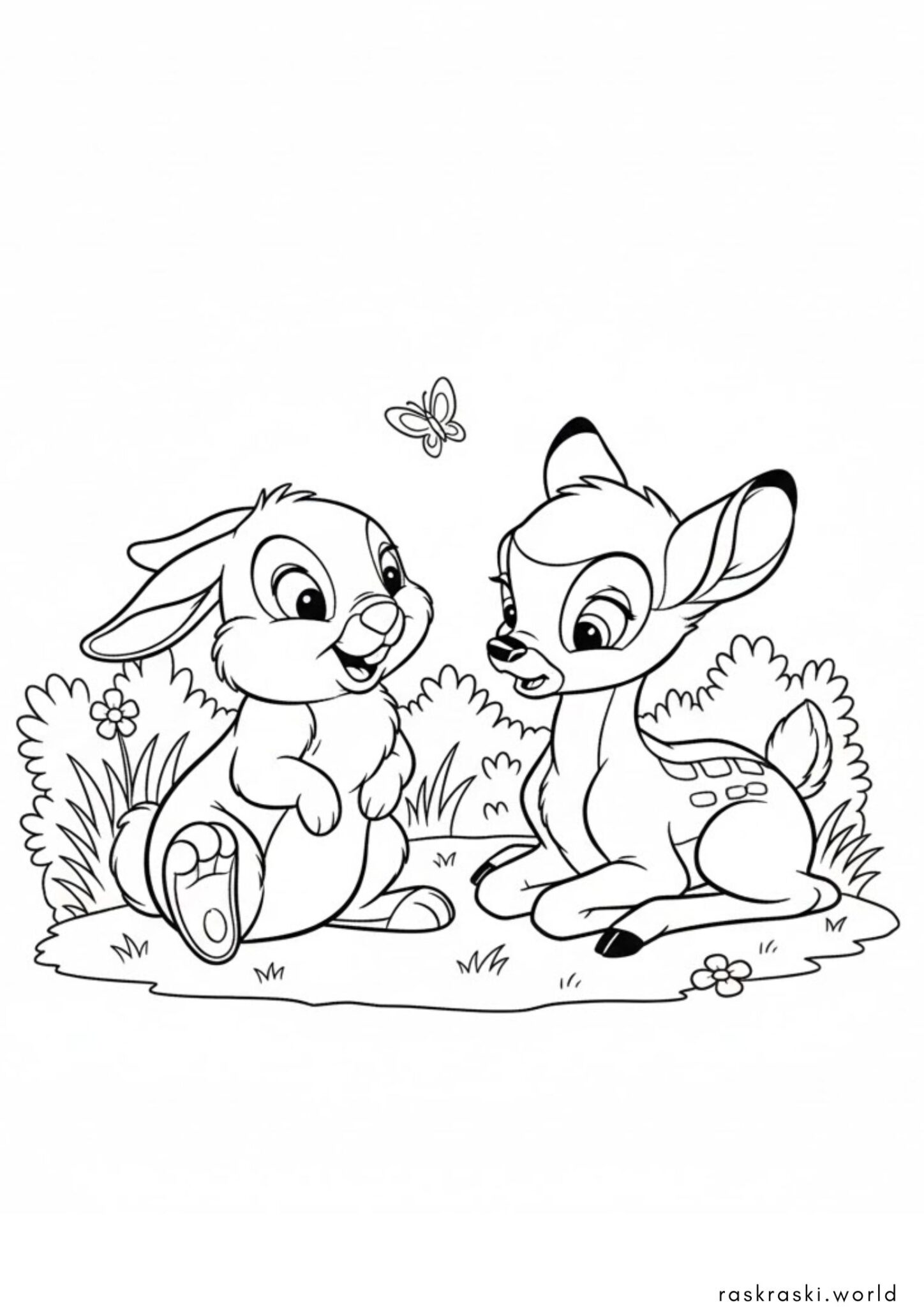 Раскраска Зайченок Топотун и оленёнок Бэмби