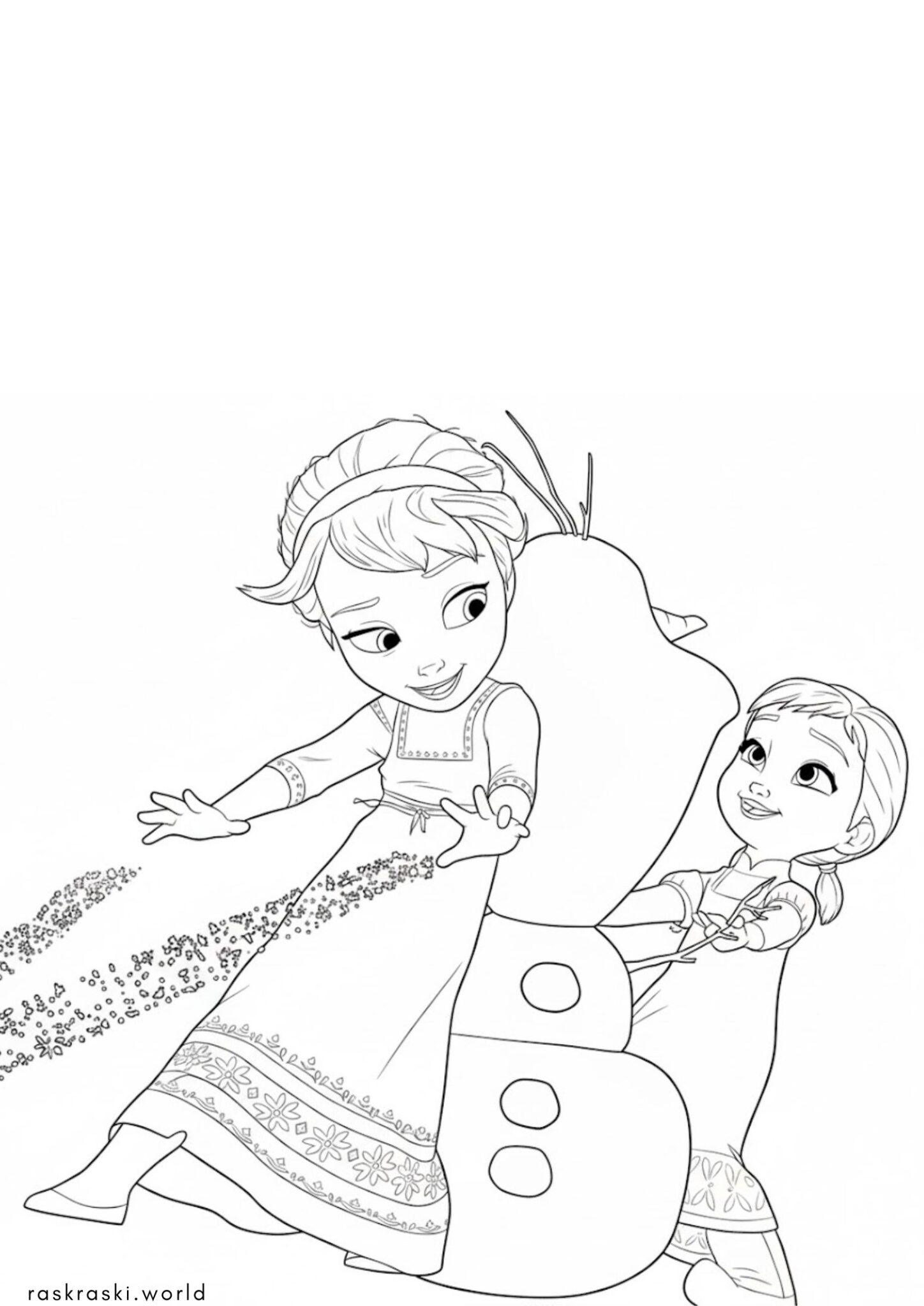 Раскраска Анна, Эльза и Олаф в детстве