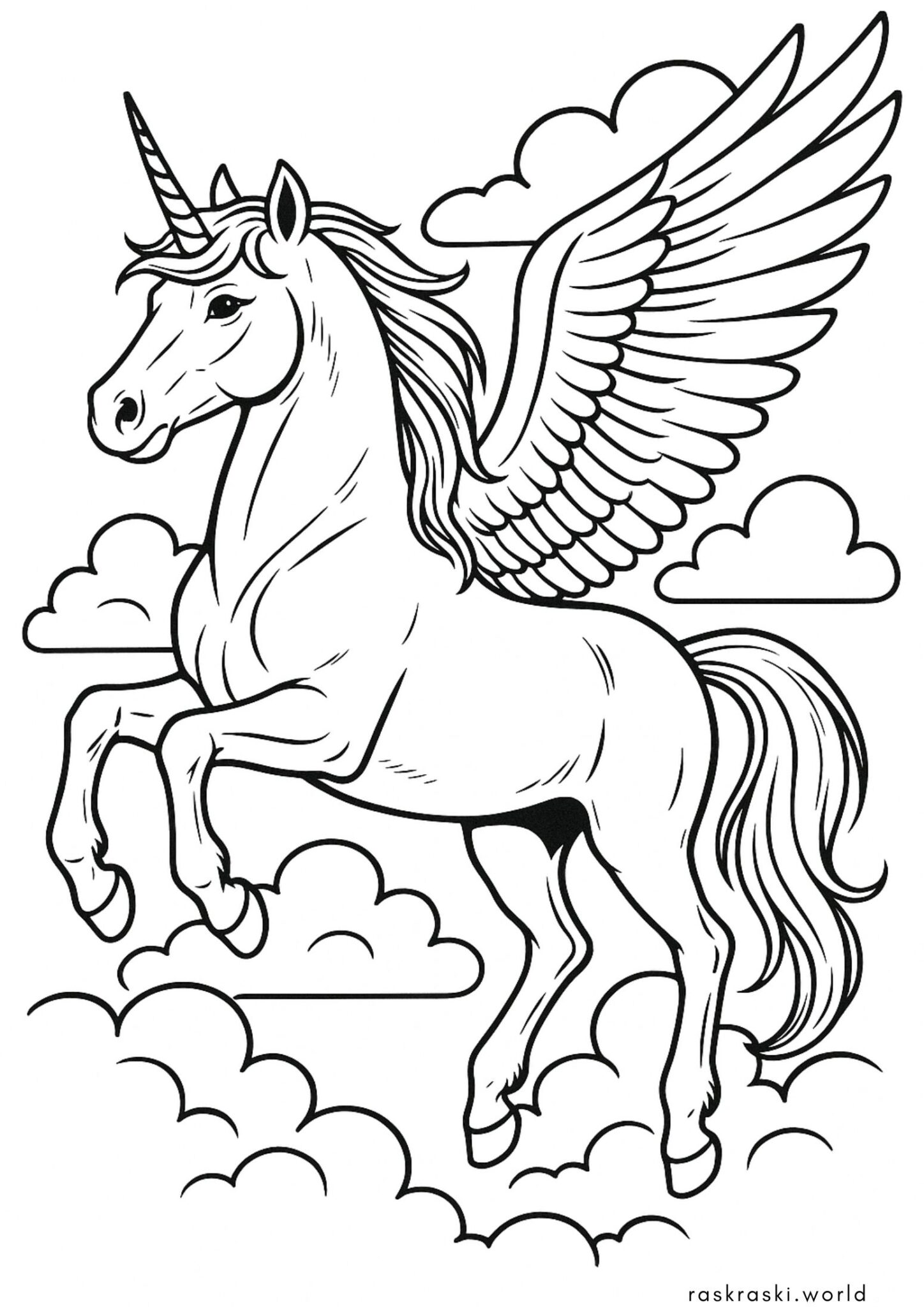 Раскраска Единорог с крыльями в небе
