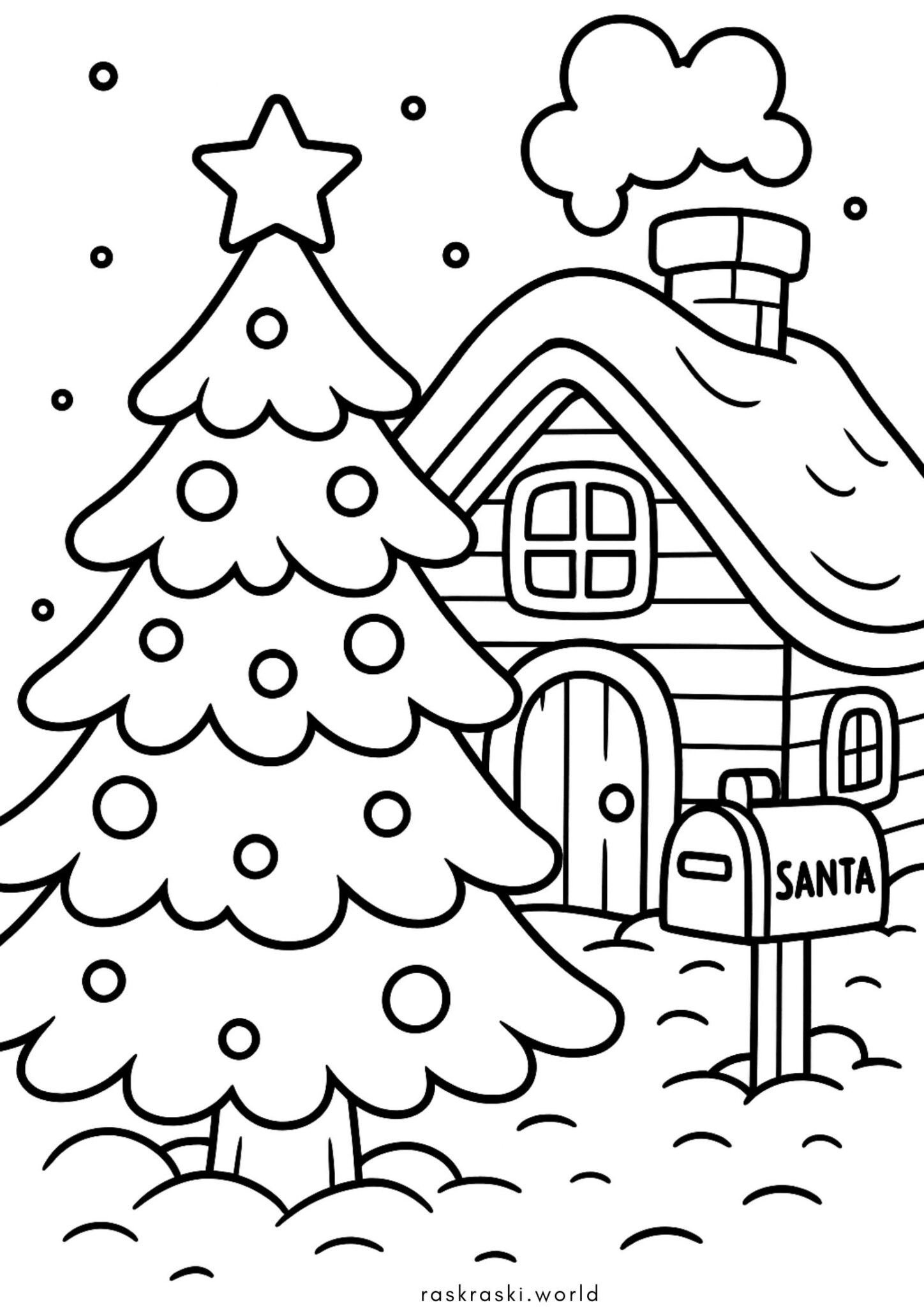 Раскраска Елочка возле домика Санта Клауса