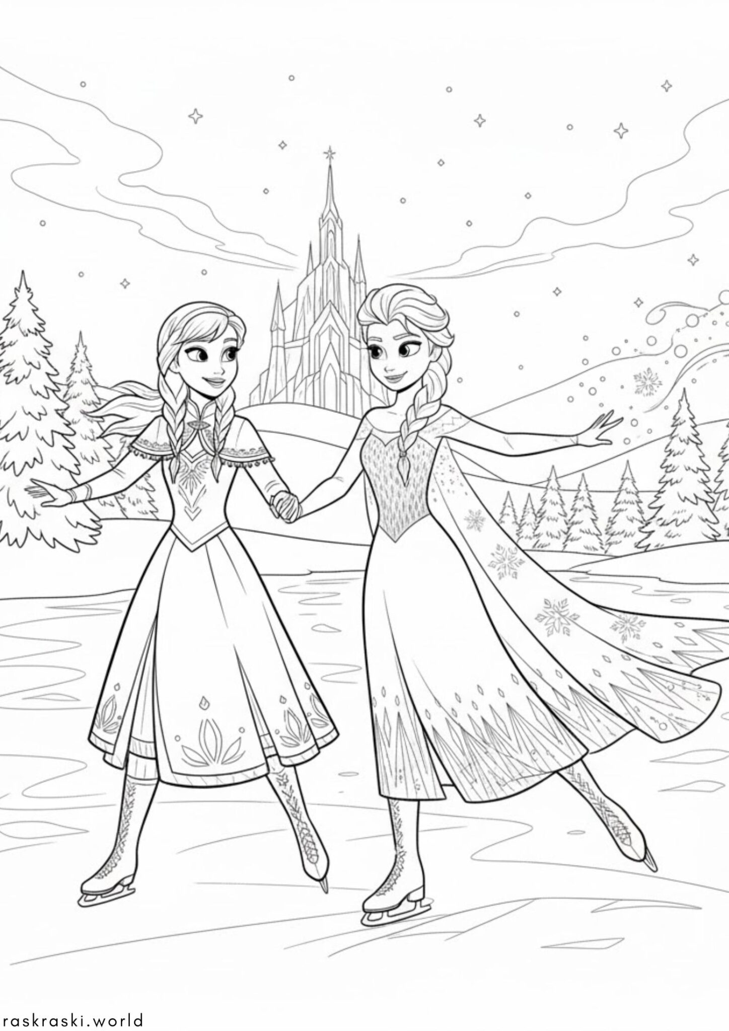 Раскраска Эльза и Анна на коньках