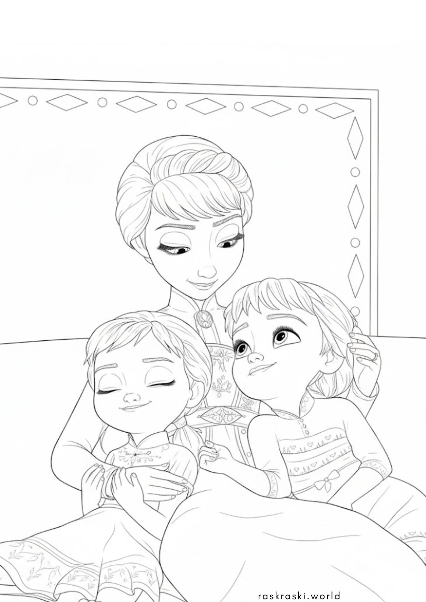 Раскраска Эльза и Анна с мамой