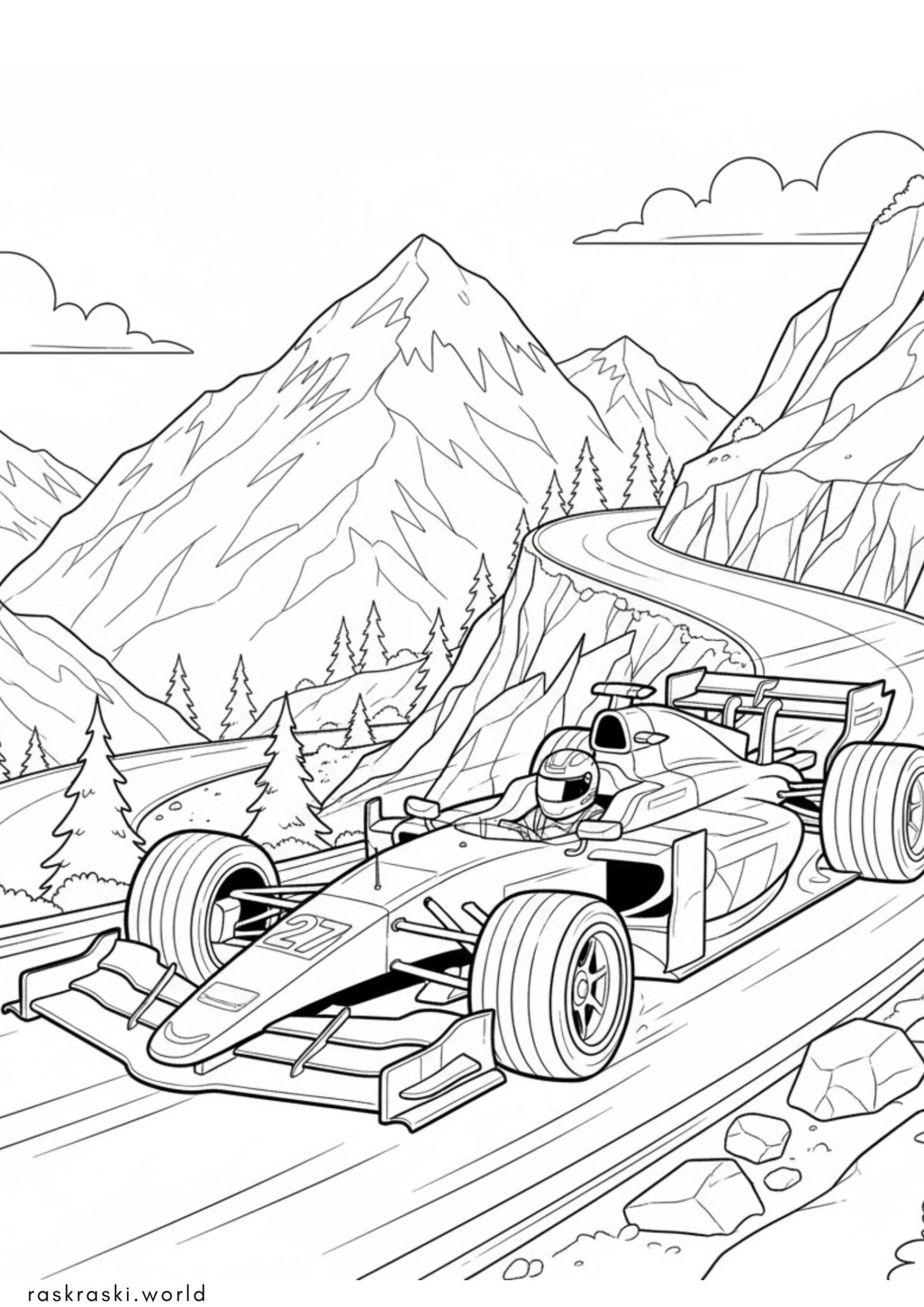 Раскраска Гоночный болид на серпантине