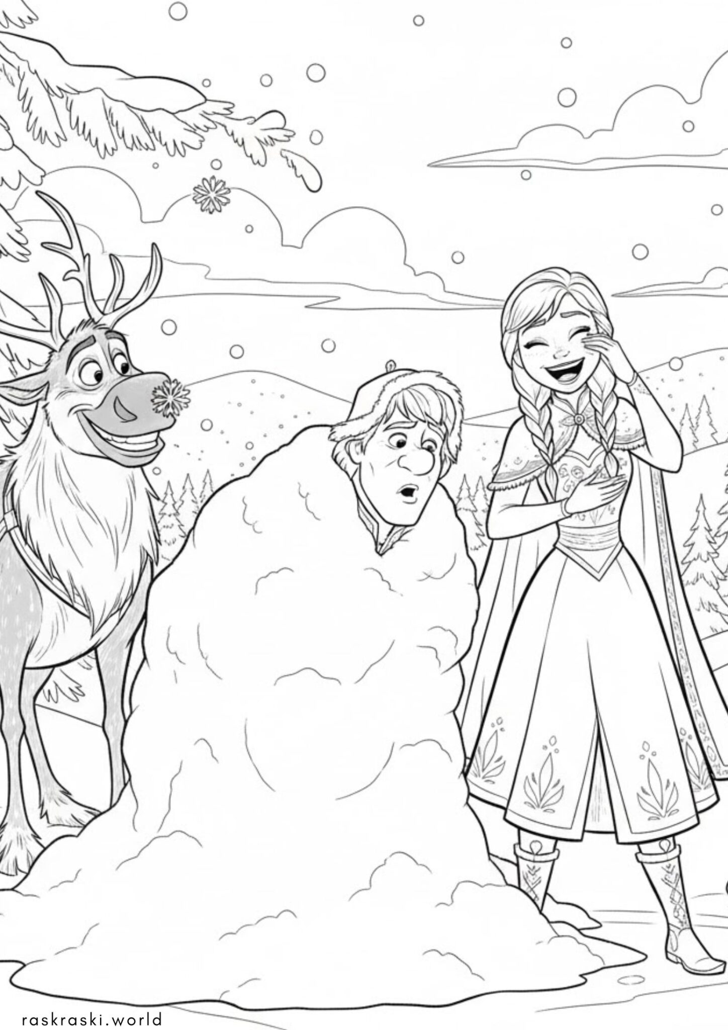 Раскраска Кристофф в снегу, Анна и Свен