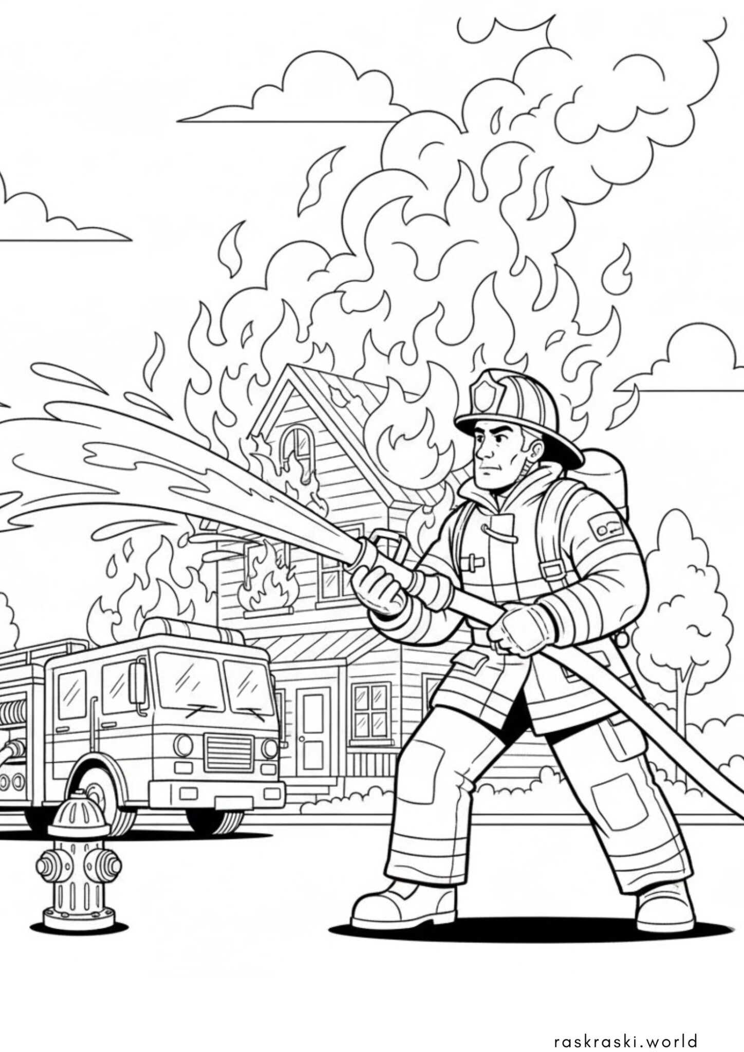 Раскраска Пожарный тушит бушующий огонь
