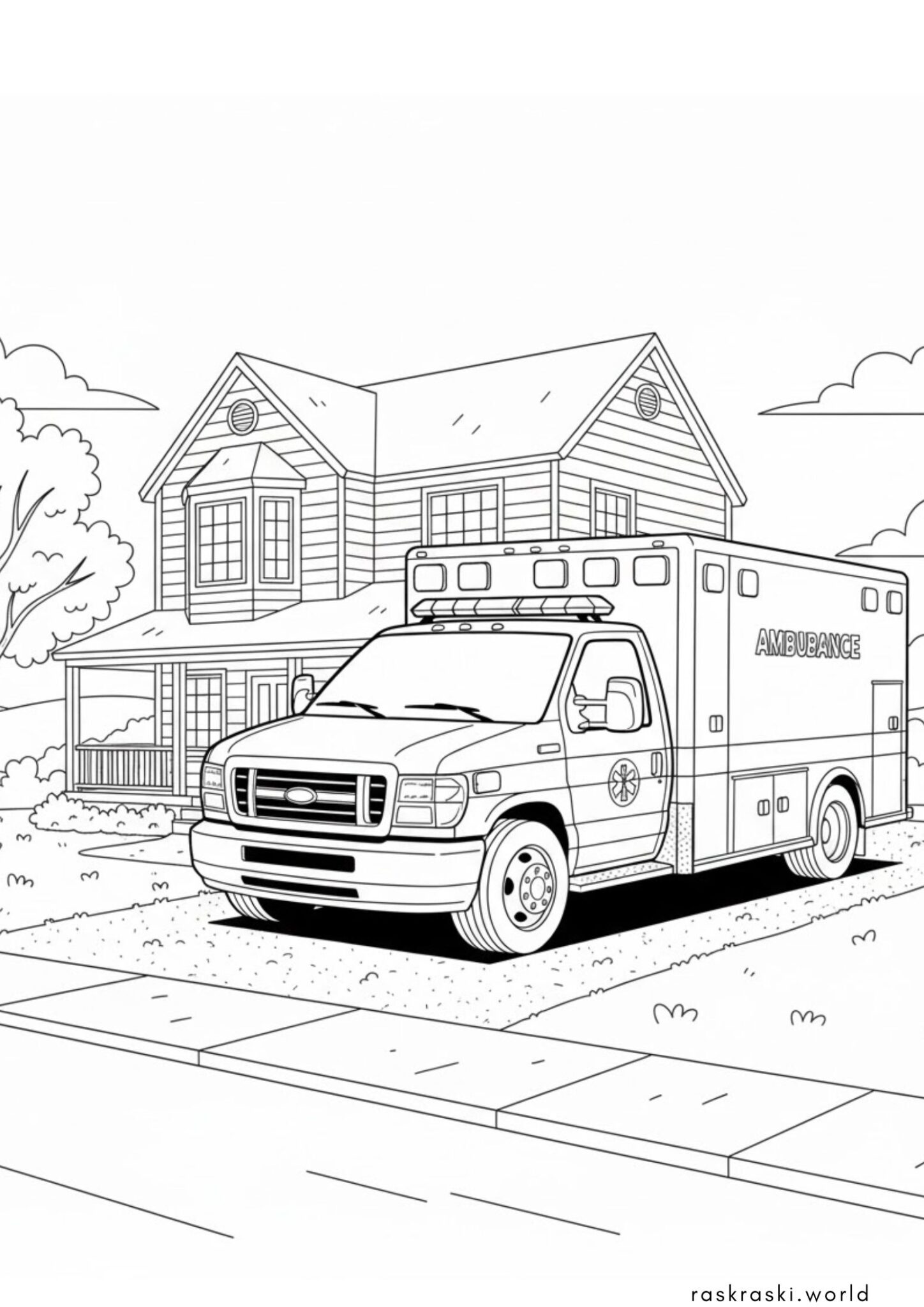 Раскраска Машина скорой у частного дома