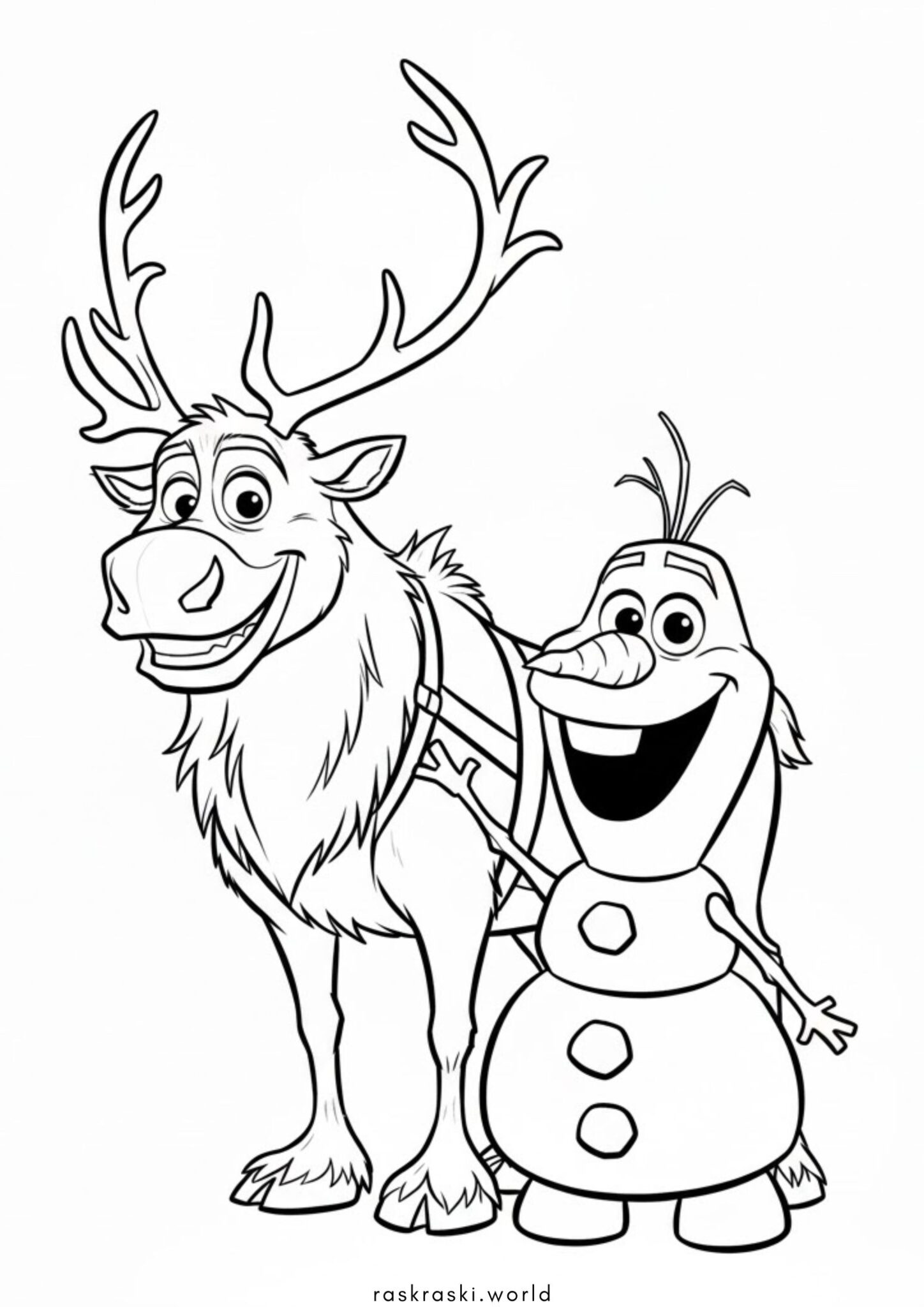 Раскраска Снеговик Олаф и олень Свен (Холодное сердце)