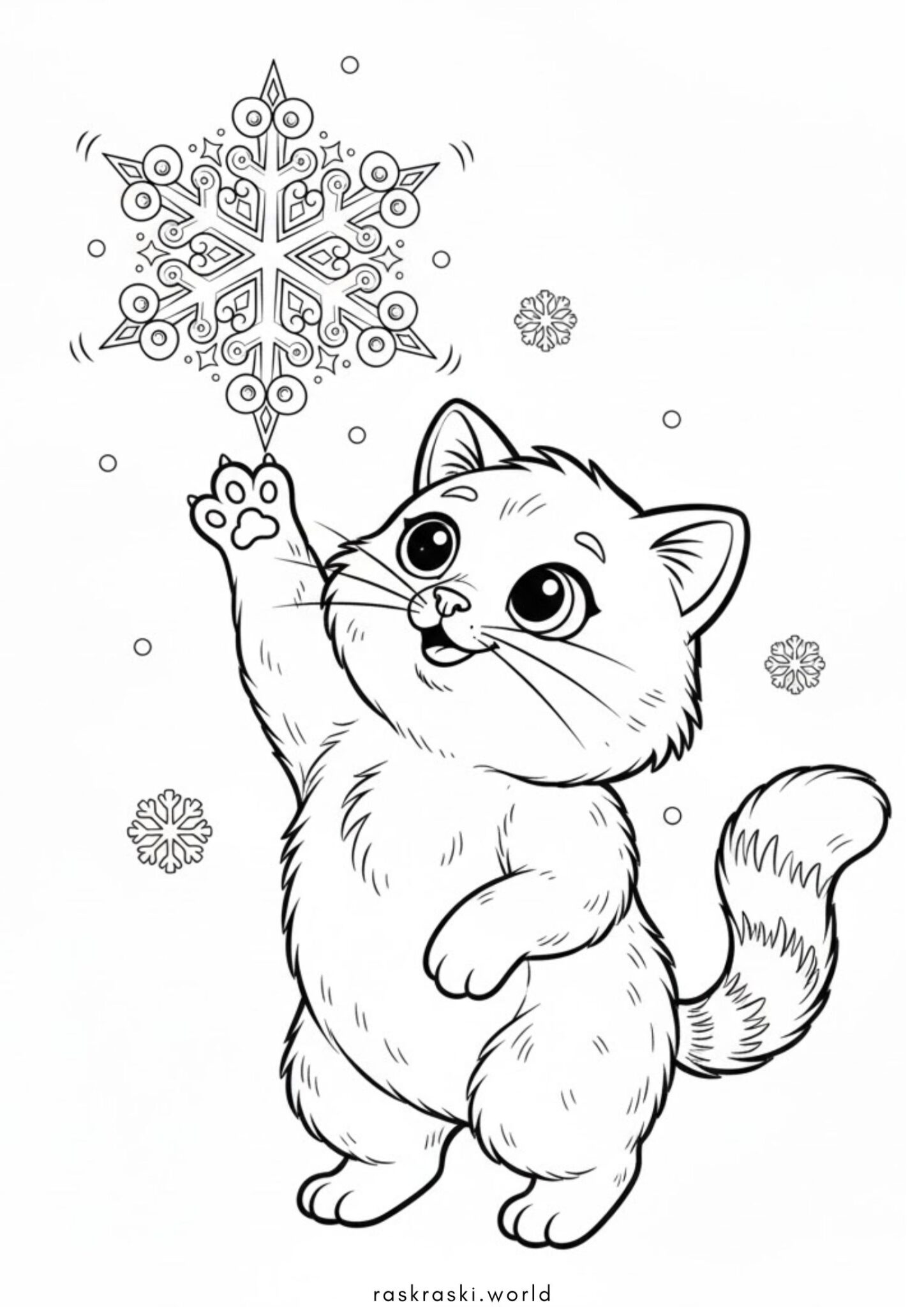 Раскраска Снежинку ловит котенок