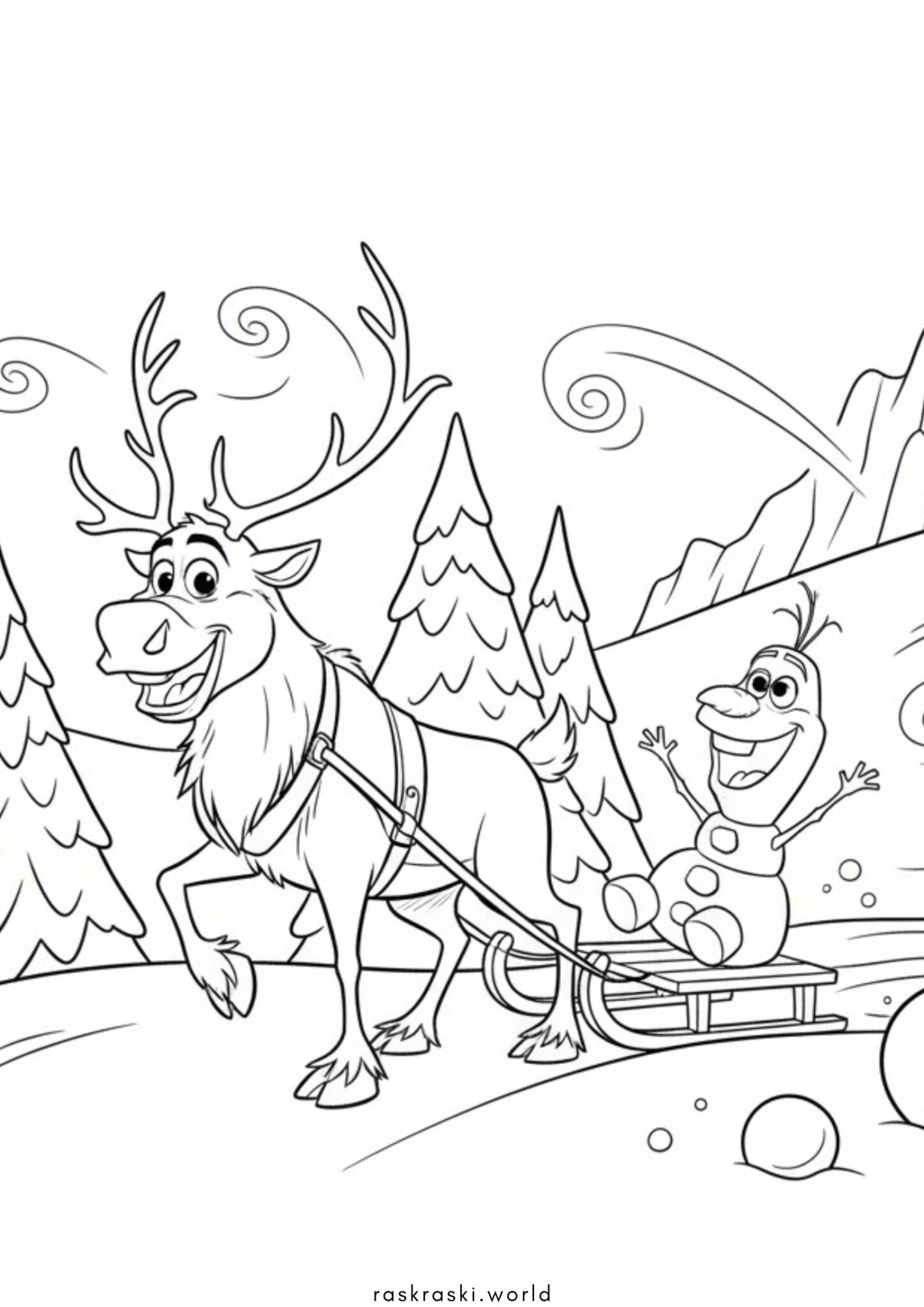 Раскраска Свен катает Олафа на санках