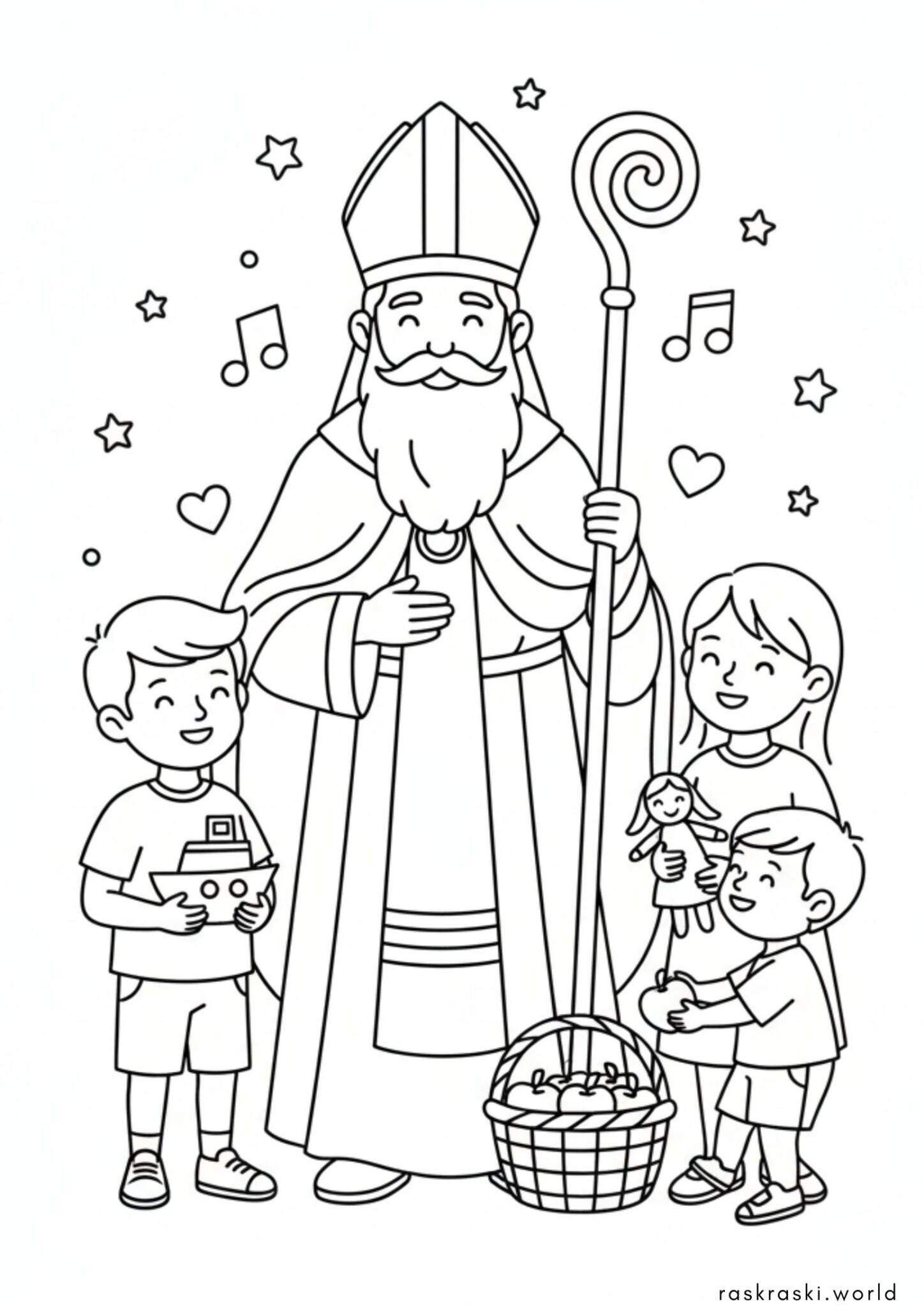 Раскраска Святой Николай с детьми
