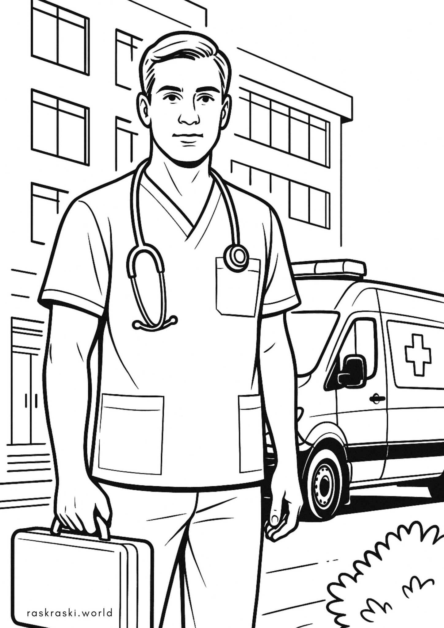 Раскраска Врач возле кареты скорой