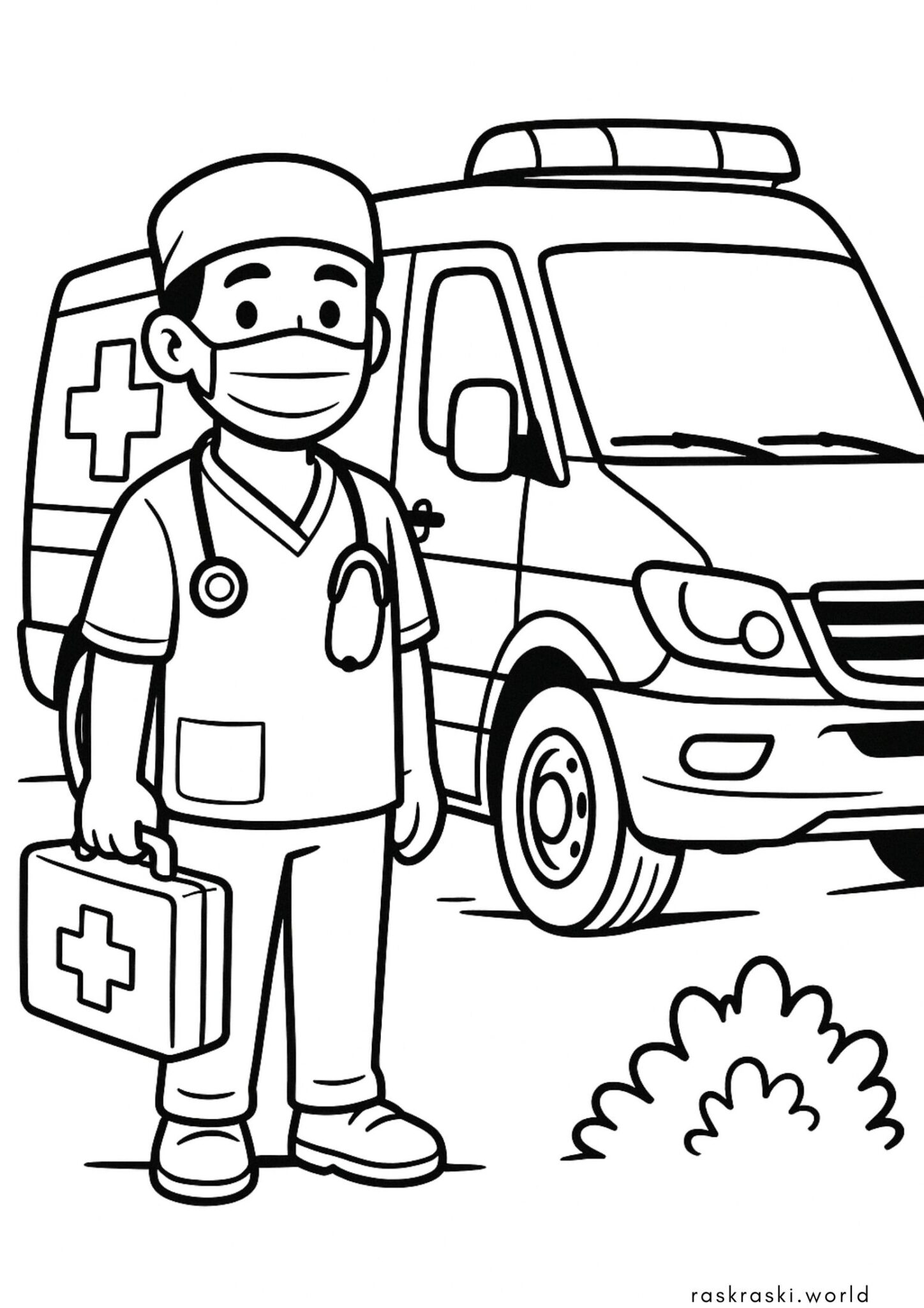 Раскраска Врач возле машины скорой помощи