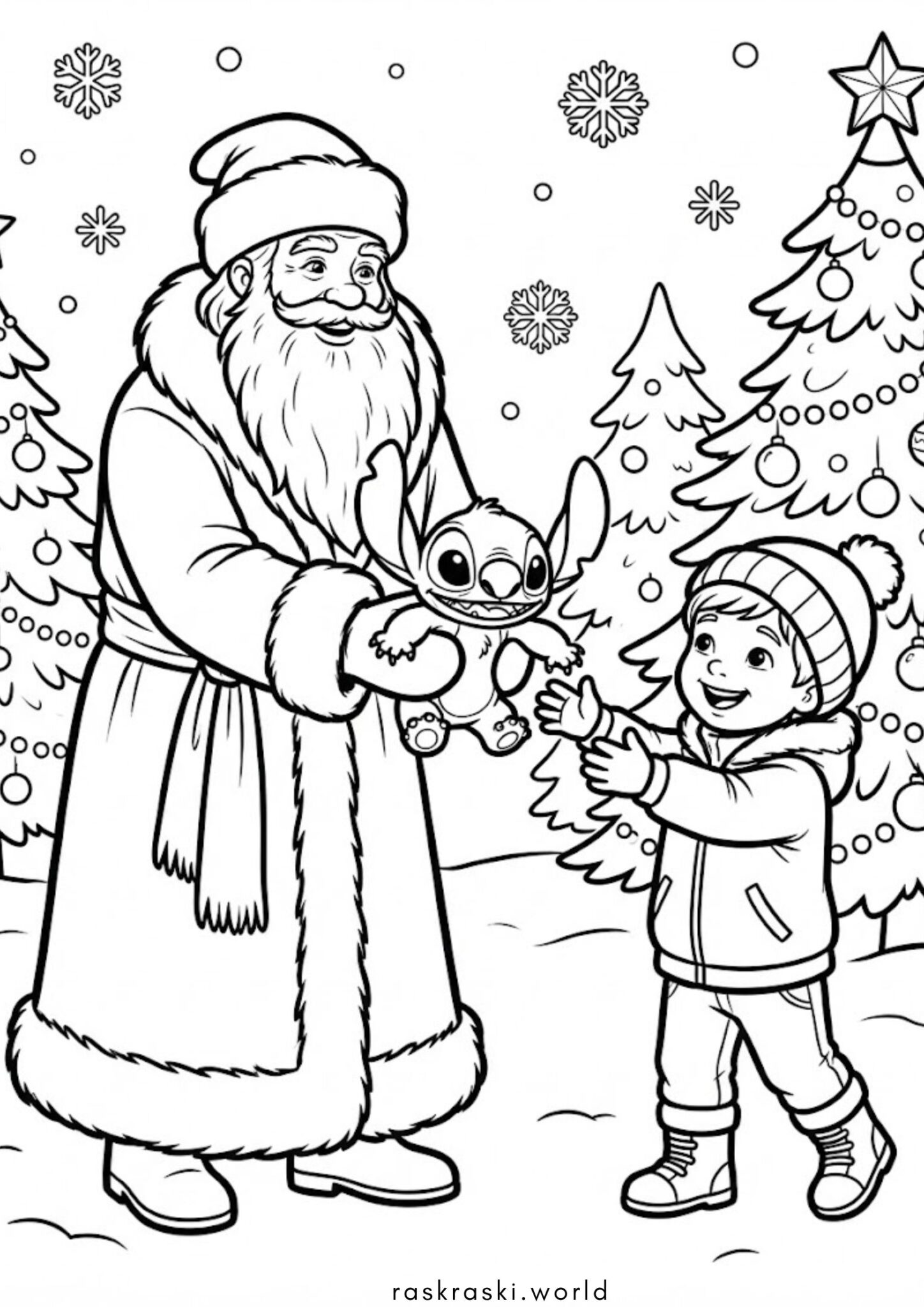 Раскраска Дед Мороз дарит мальчику игрушку Стича