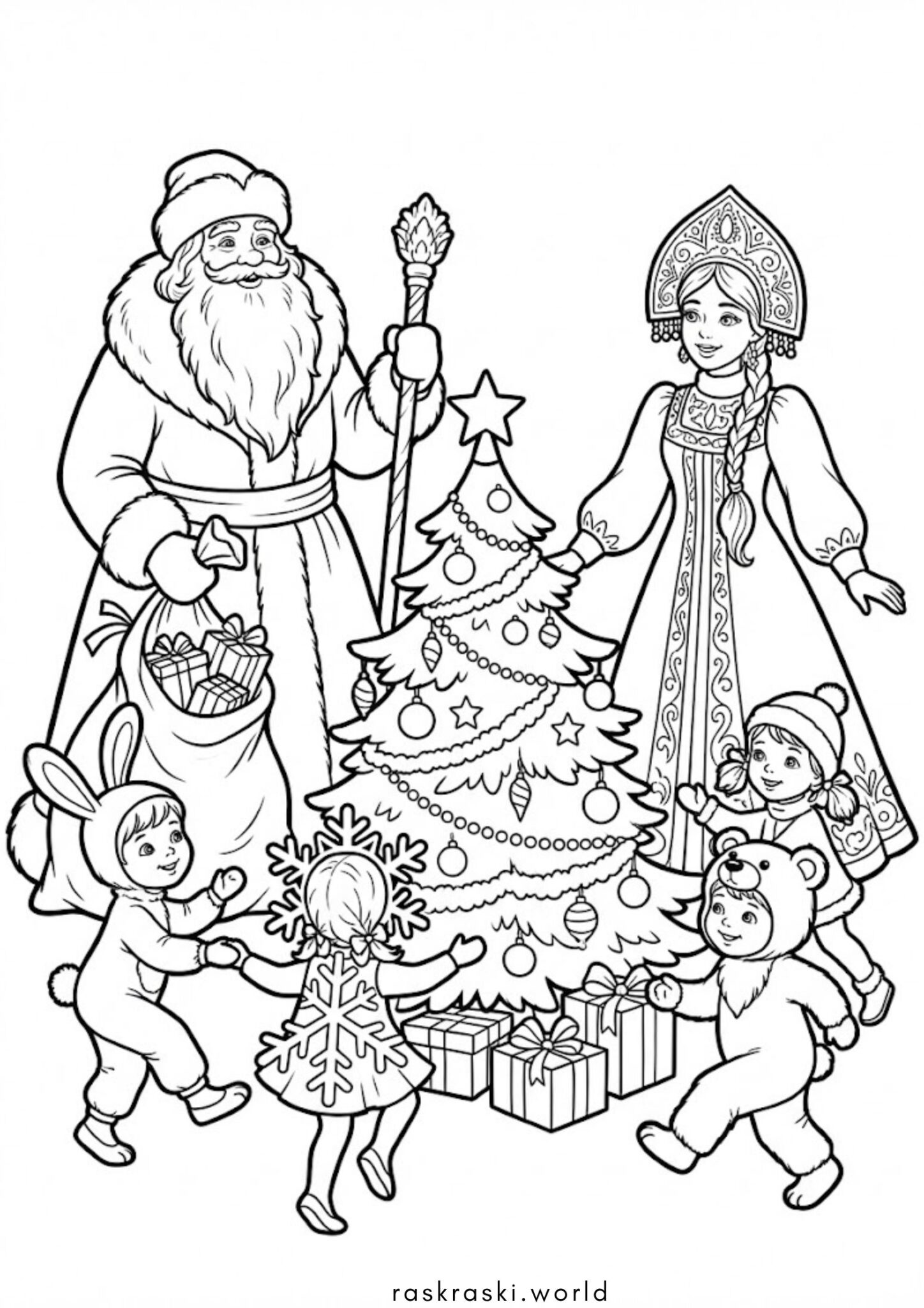 Раскраска Дед Мороз и Снегурочка на утреннике