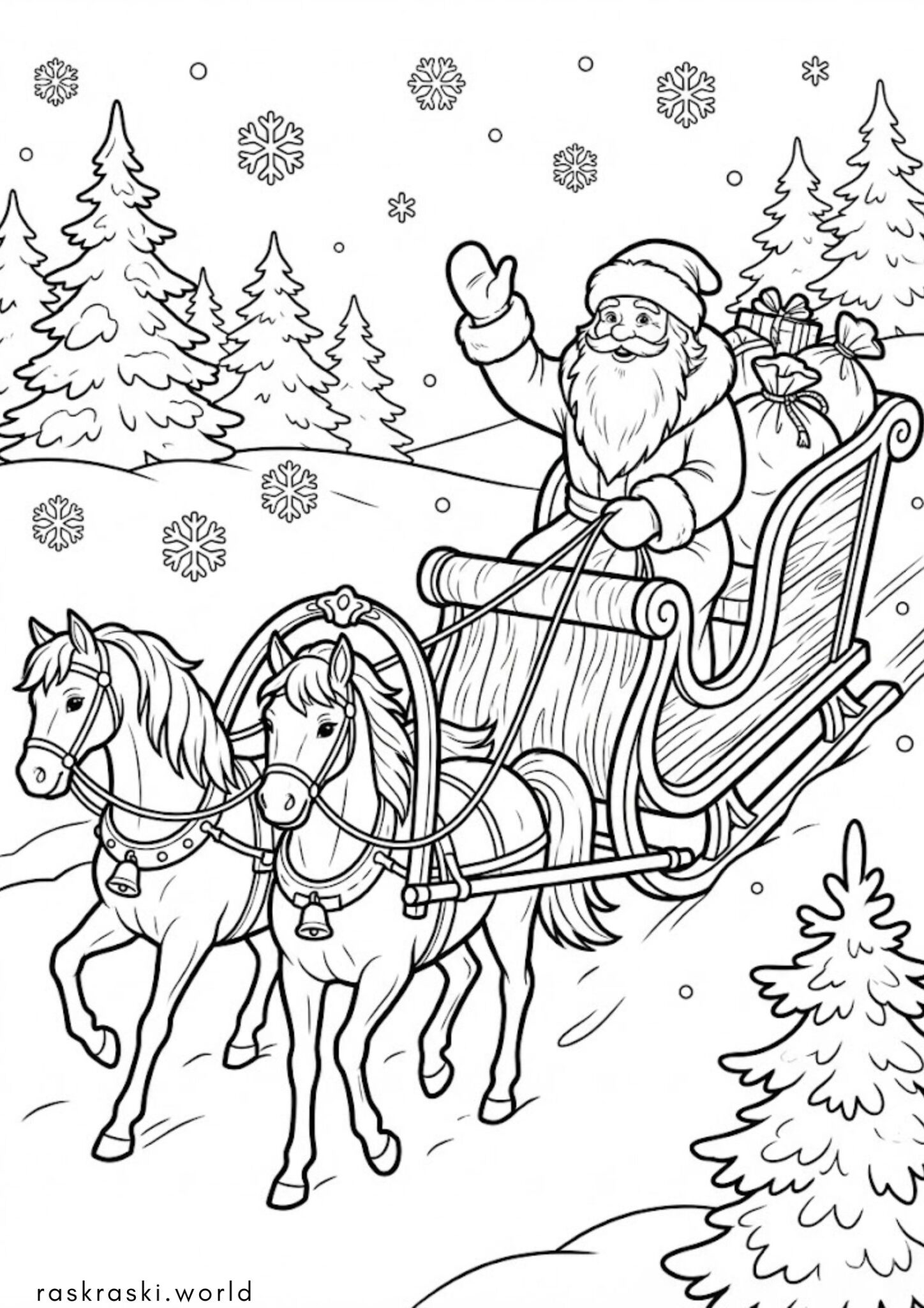 Раскраска Дед Мороз на санках