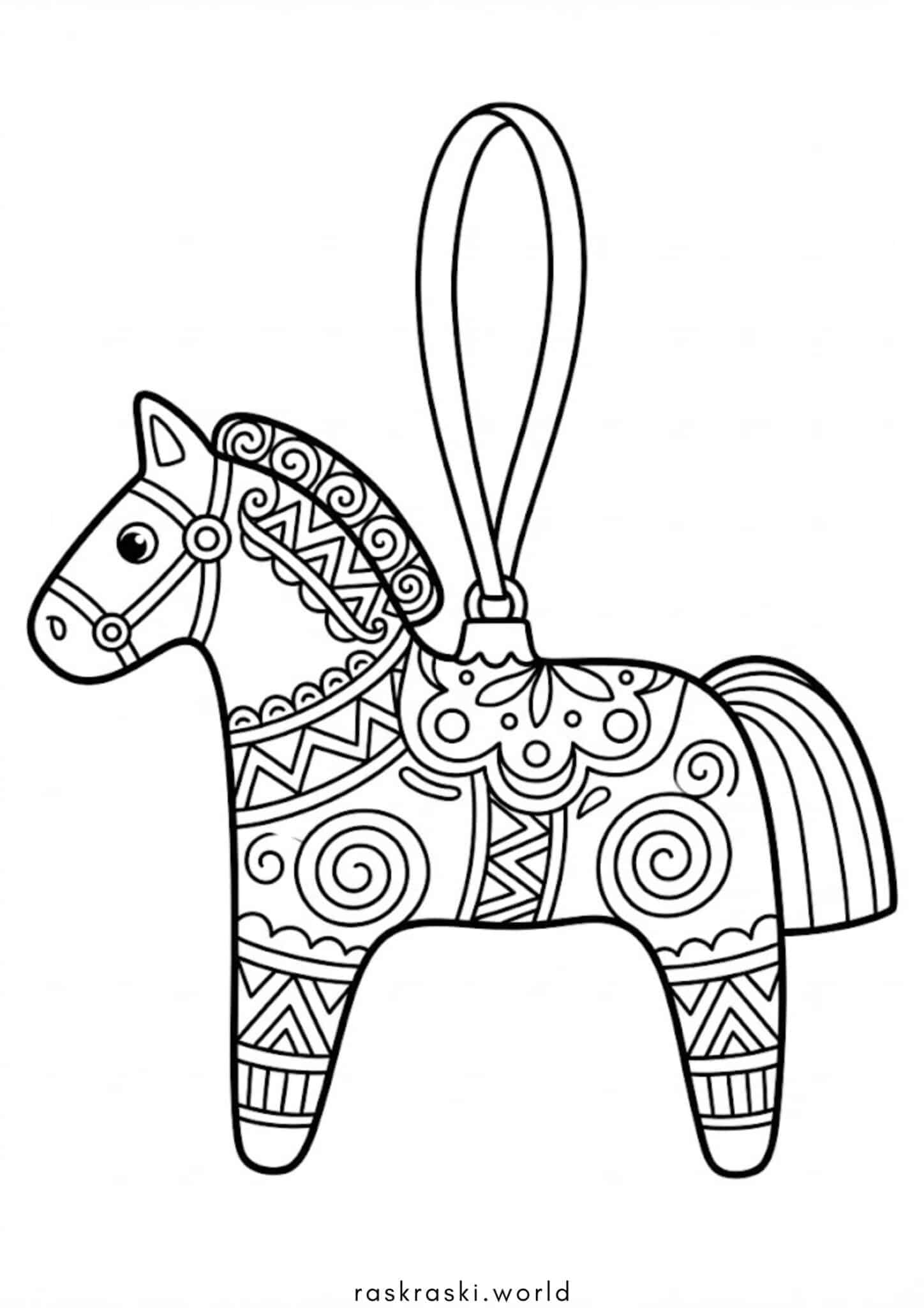 Раскраска Елочная игрушка лошадь