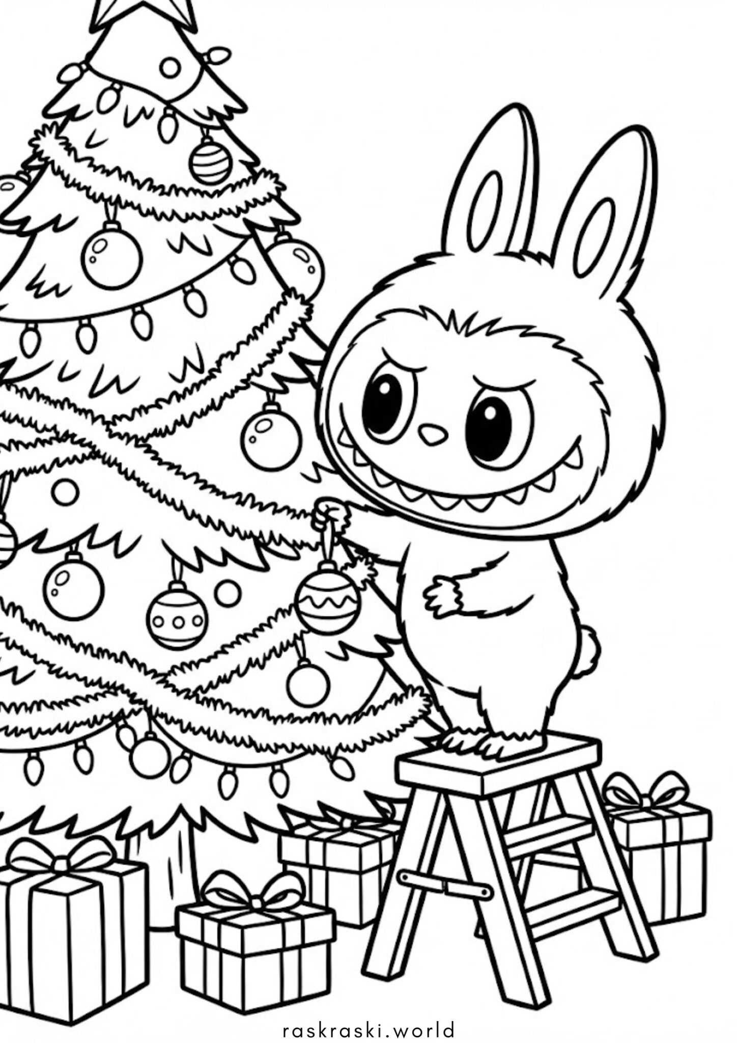 Раскраска Лабубу украшает новогоднюю елку