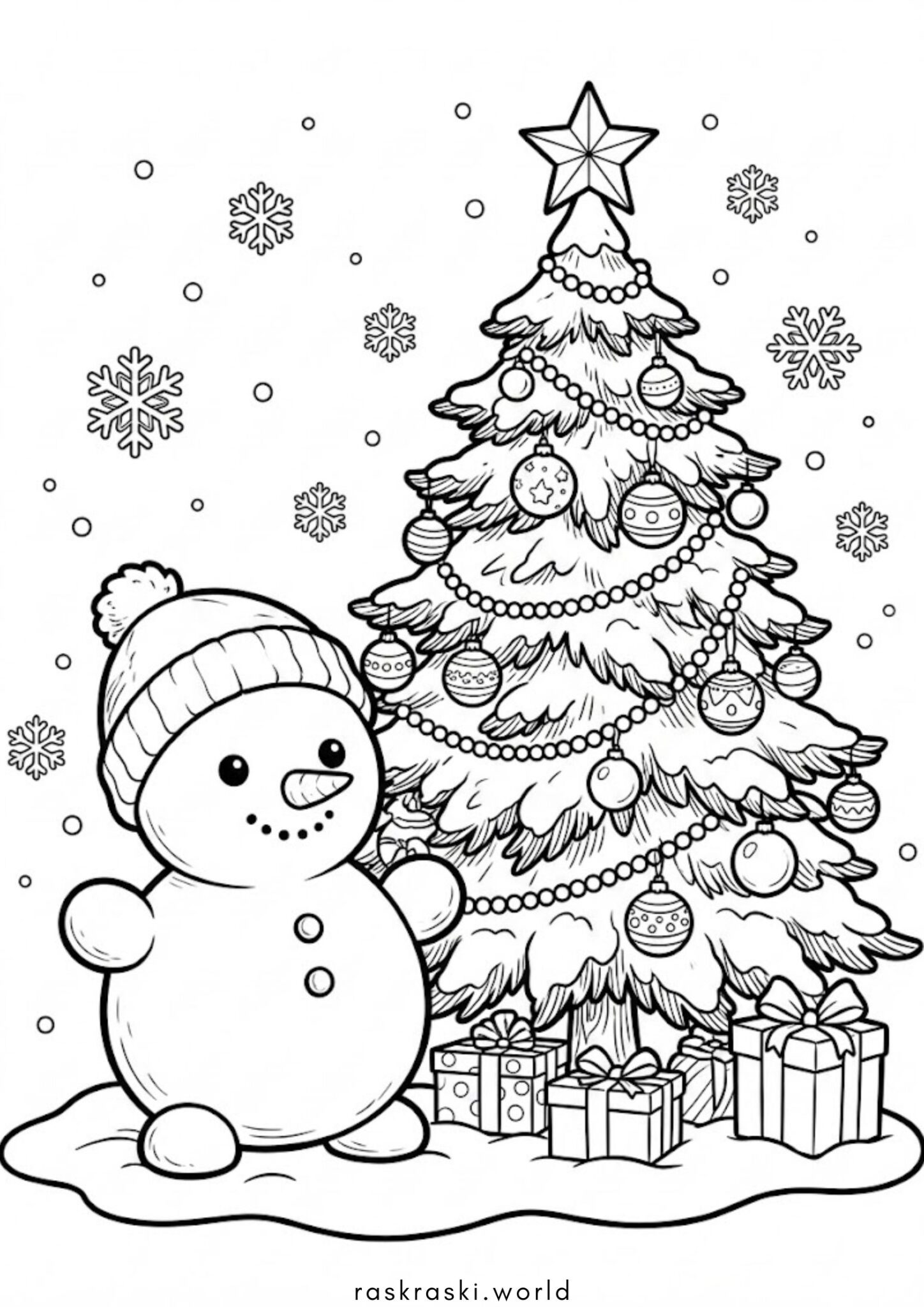 Раскраска Милый снеговичок и новогодняя елка