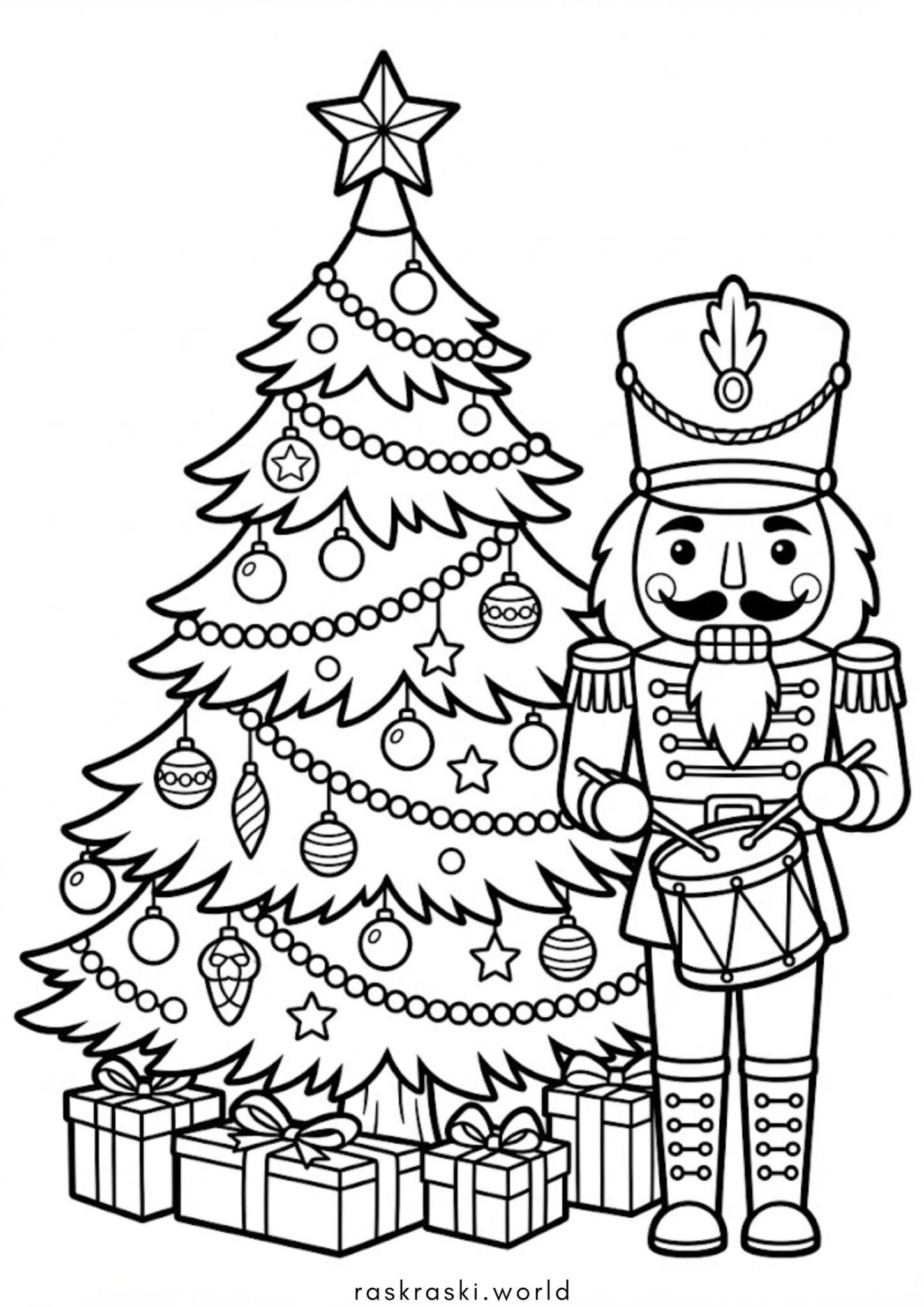 Раскраска Рождественская елка и Щелкунчик