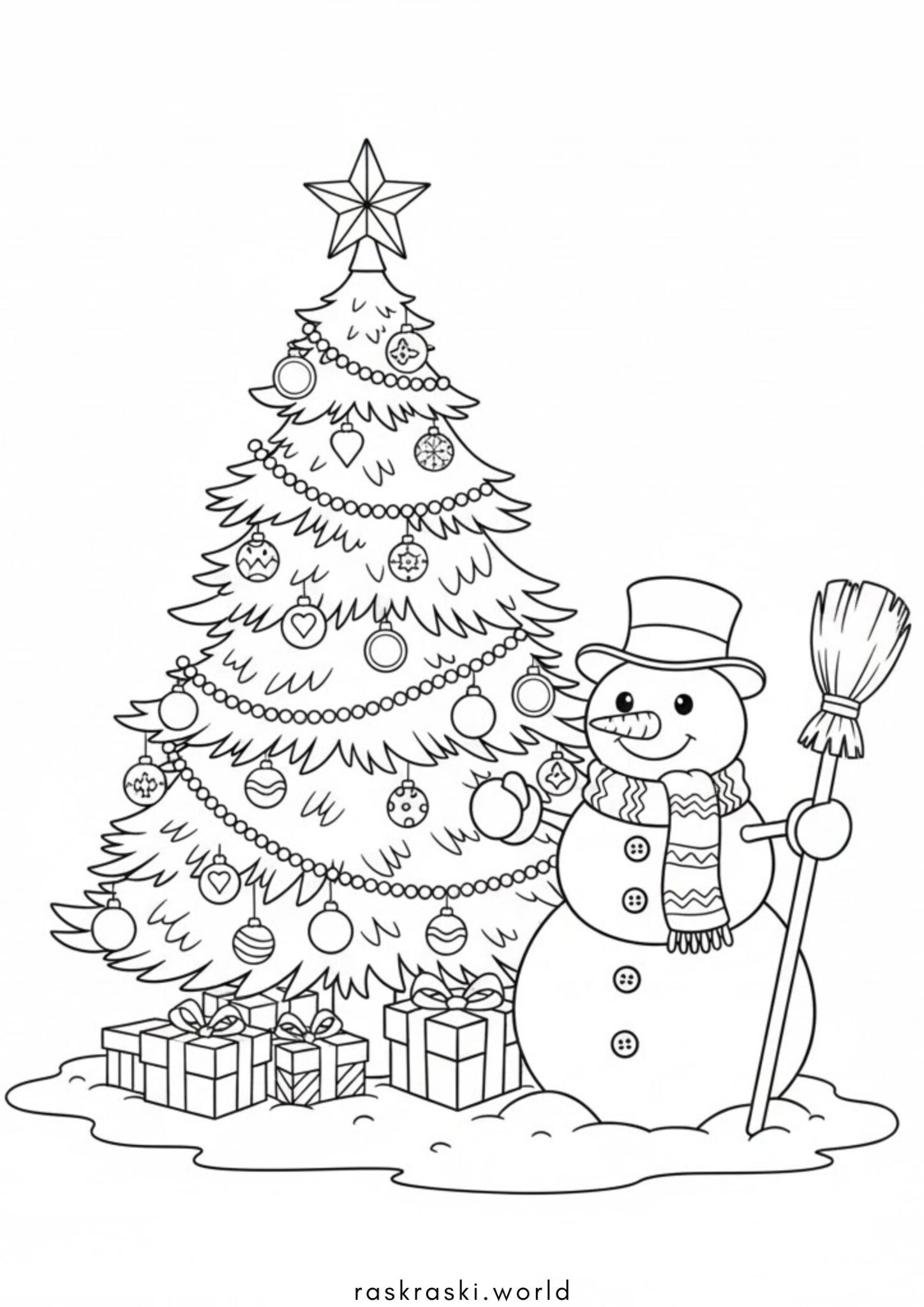 Раскраска Рождественская елка и снеговик