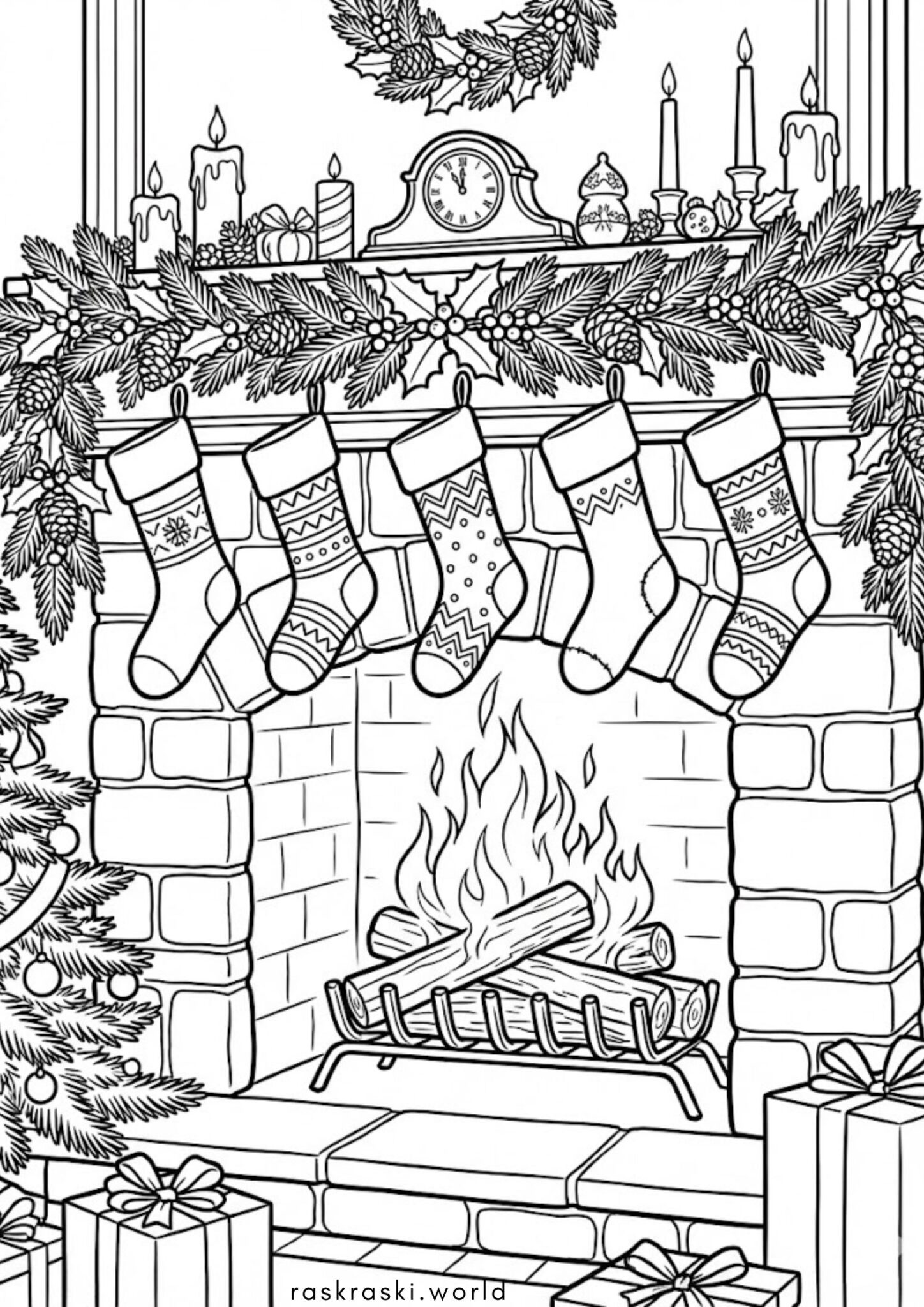 Раскраска Рождественский камин