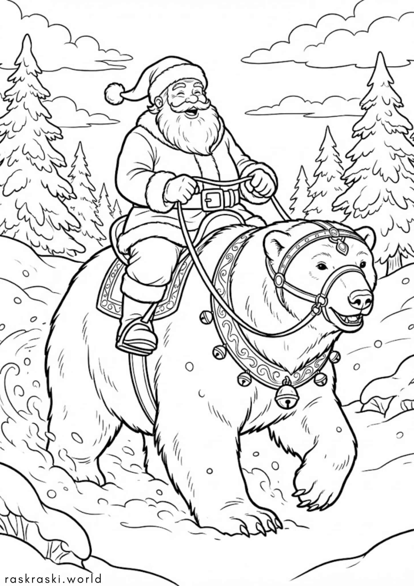Раскраска Санта Клаус верхом на полярном мишке