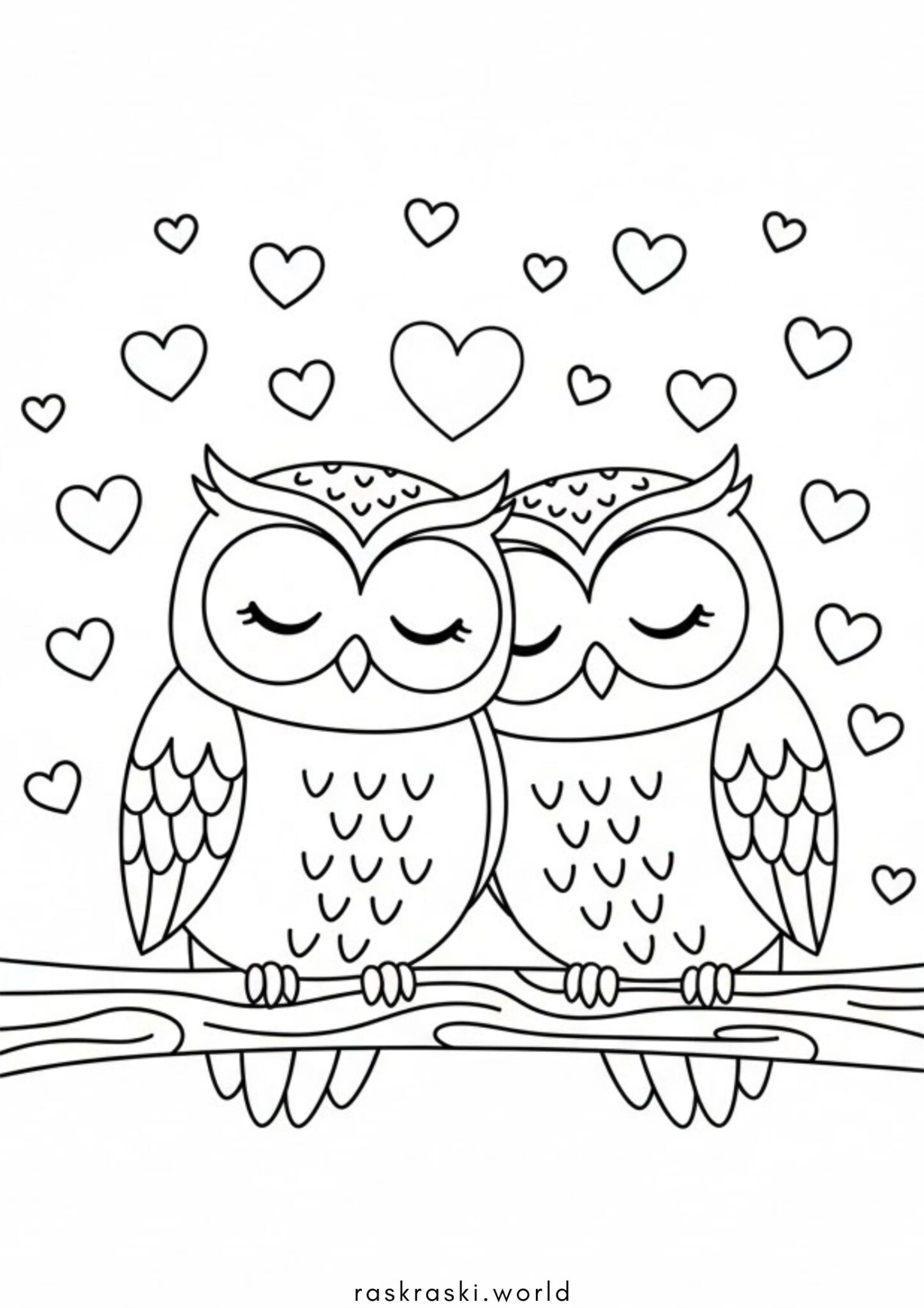 Раскраска Ко дню святого Валентина — влюбленные совы