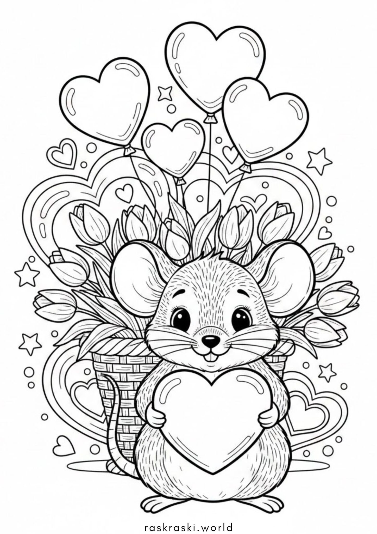 Раскраска Ко дню влюбленных — мышка с сердечком