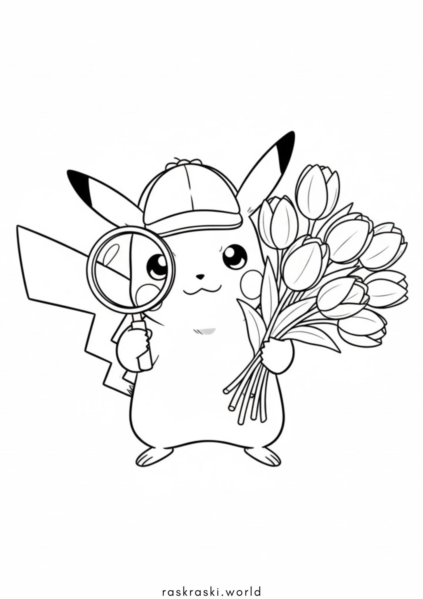 Раскраска Ко дню влюбленных — покемон Пикачу с тюльпанами