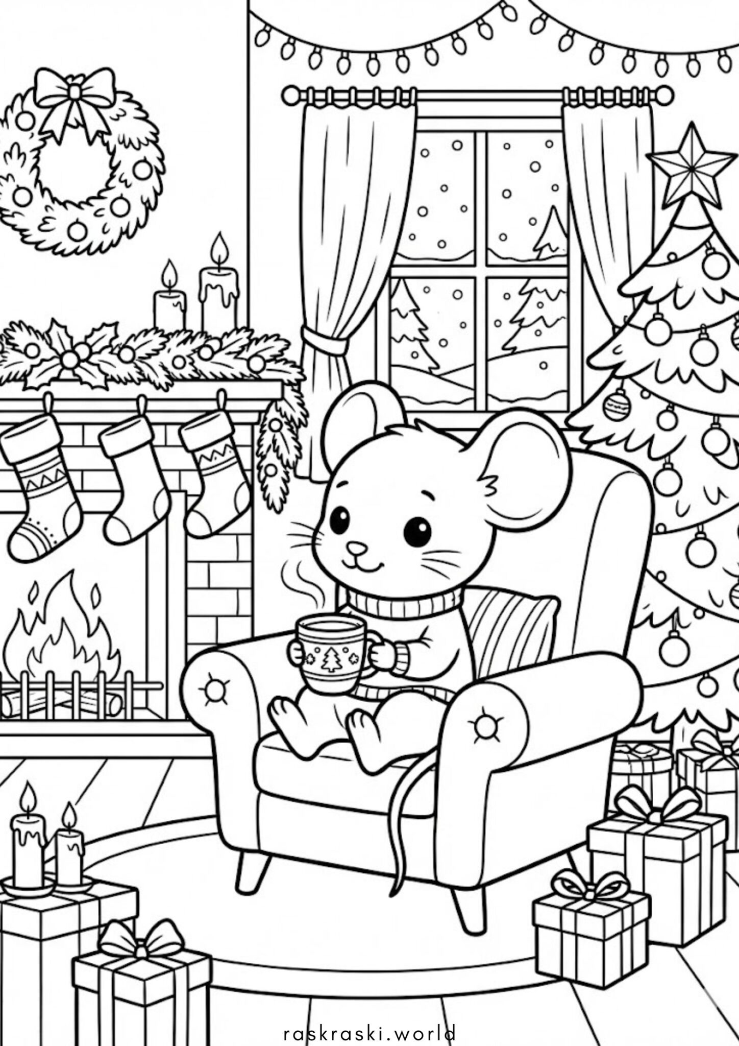 Раскраска Зима: Мышонок греется чашкой чая Раскраска Зима: Мышонок греется чашкой чая