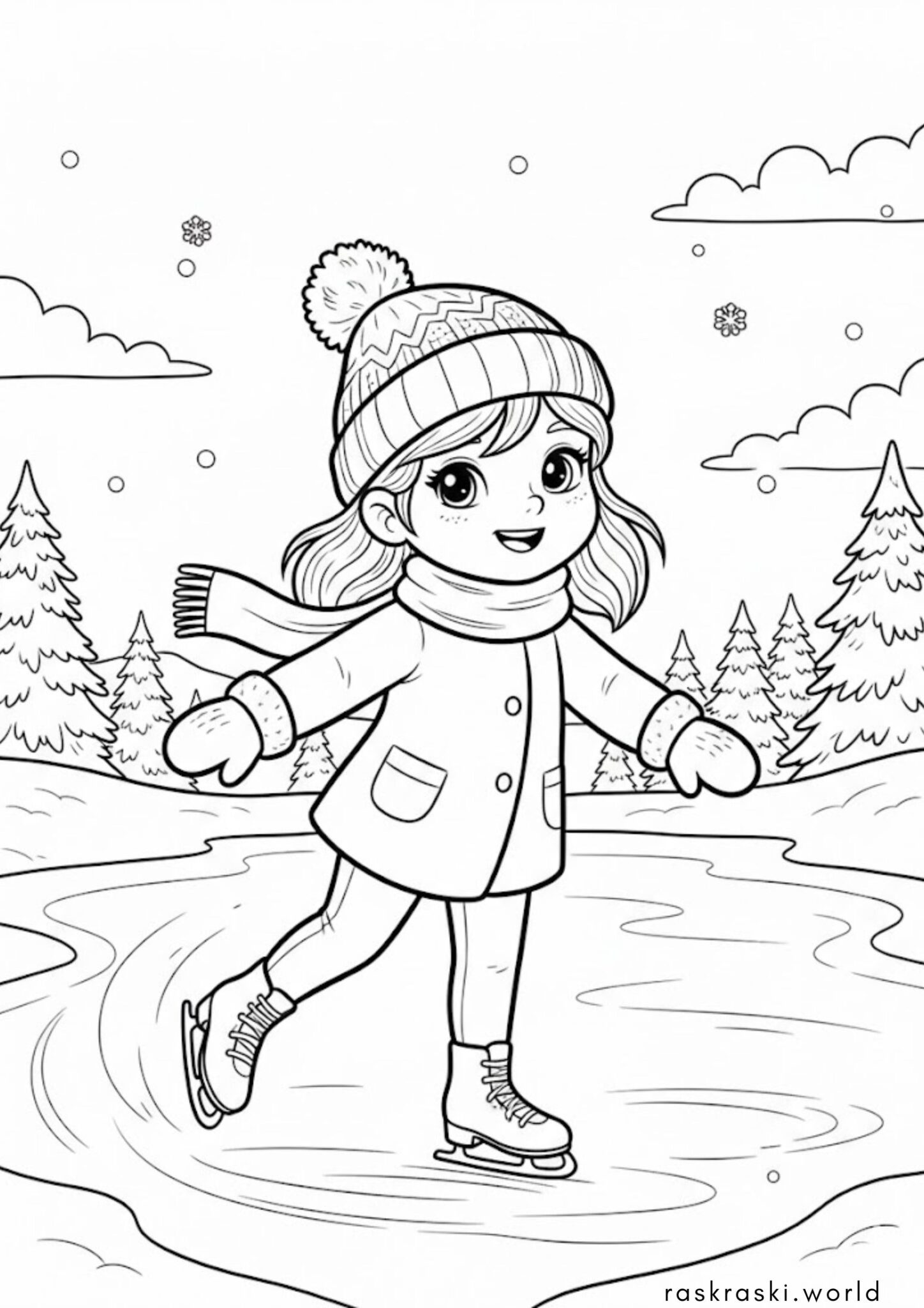 Раскраска Зима — Девочка на коньках Раскраска Зима — Девочка на коньках