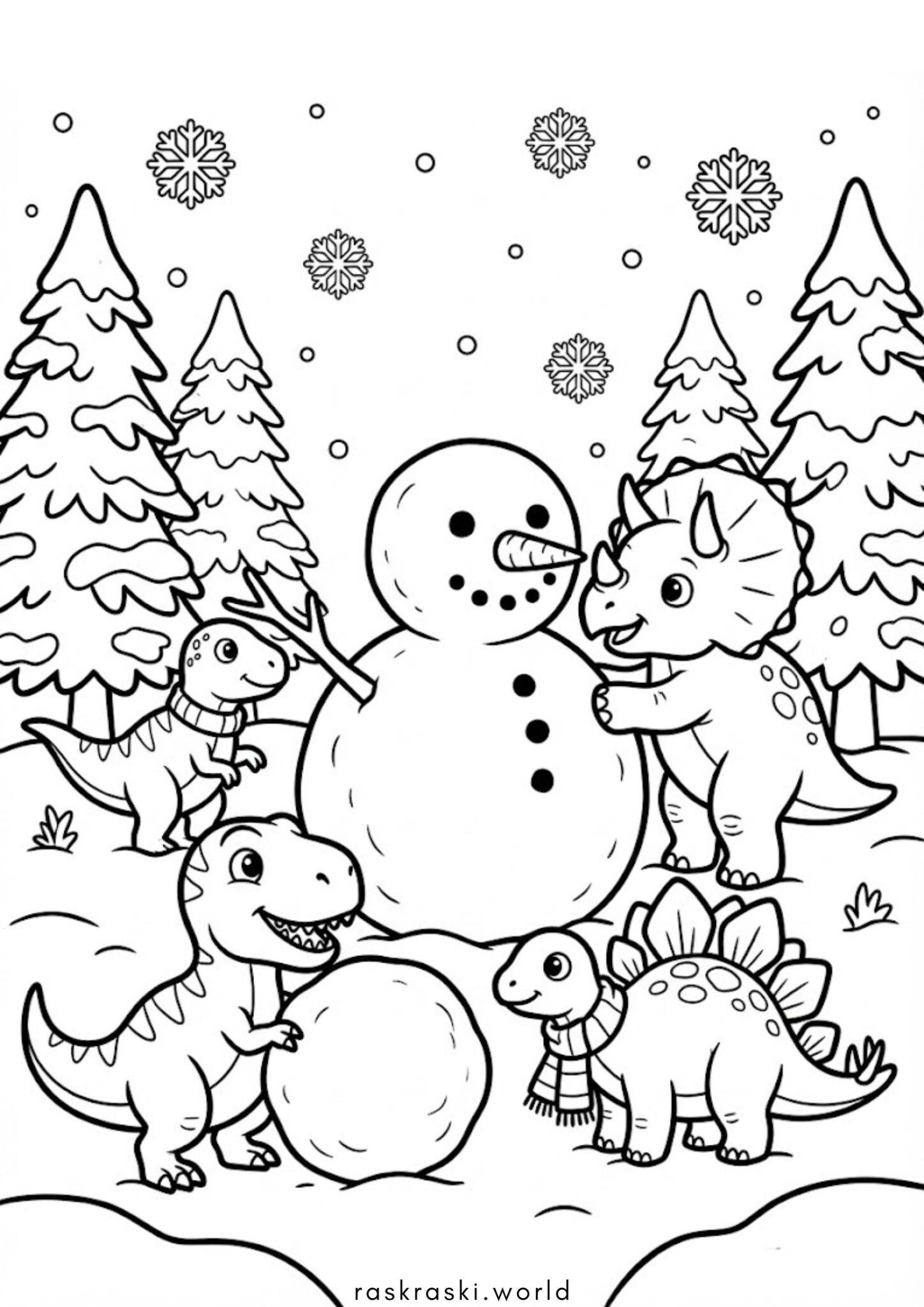 Раскраска Зимние динозаврики делают снеговика Раскраска Зимние динозаврики делают снеговика