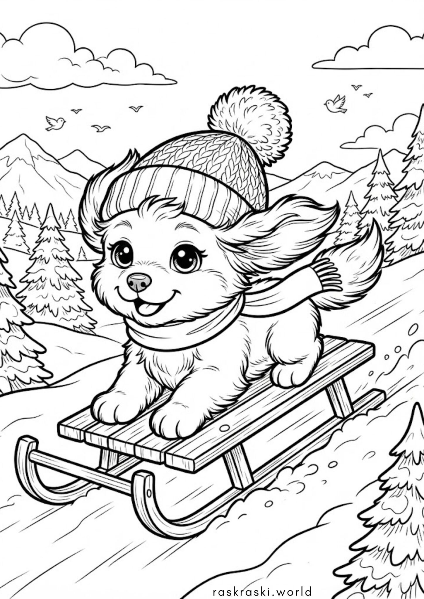 Раскраска Зима: собачка на санках Раскраска Зима: собачка на санках