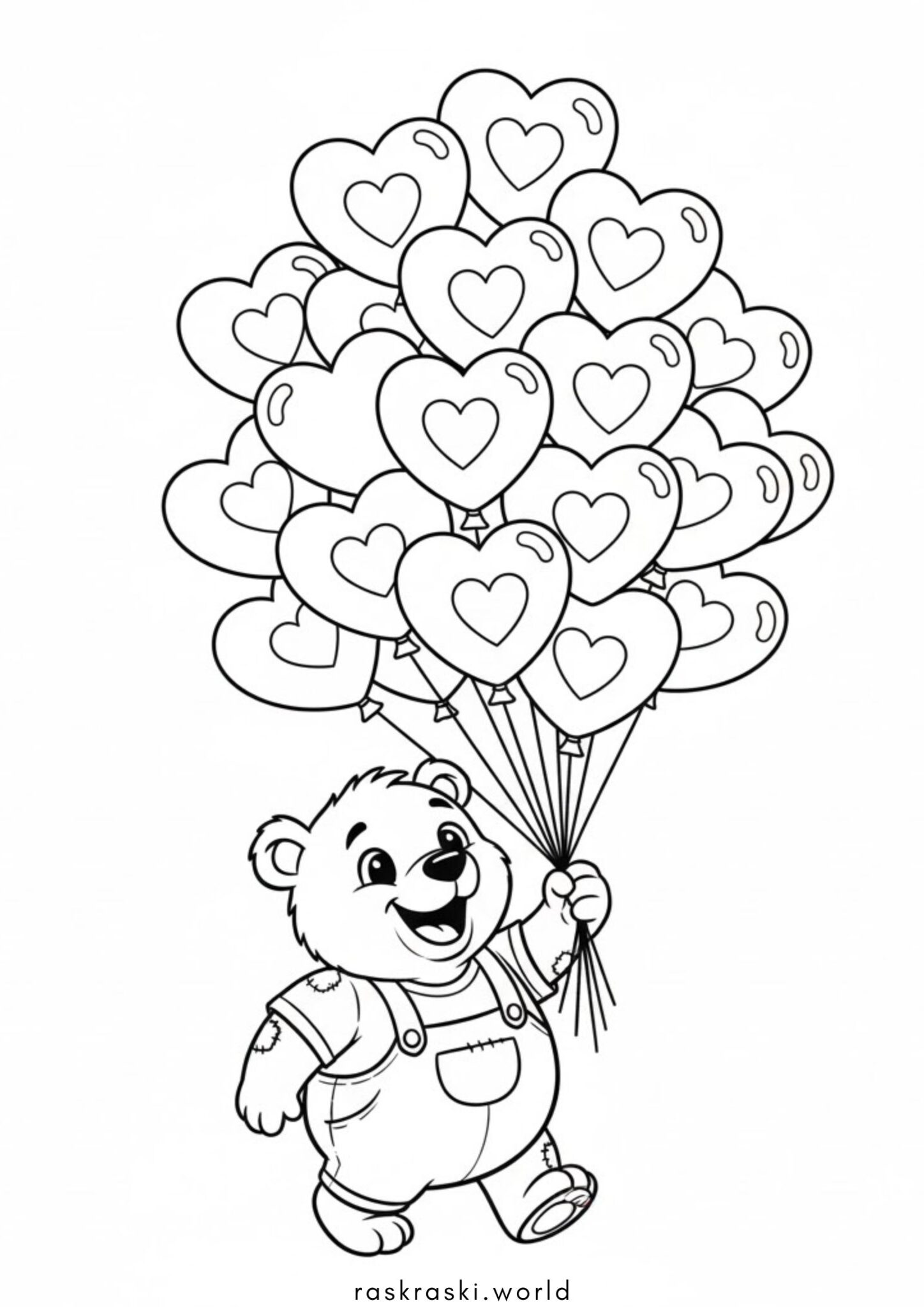 Раскраска К 8 марта- мишка с шариками сердечками
