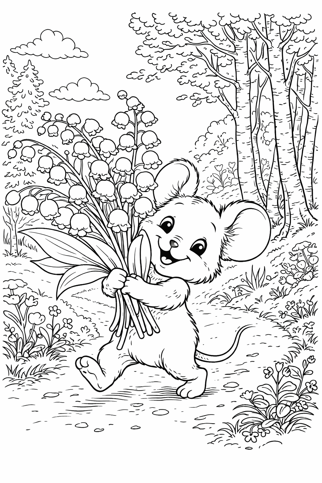 Раскраска Весна – мышонок с ландышами