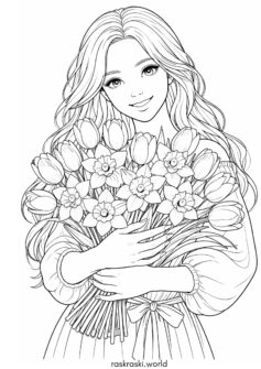 Девушка с букетом весенних цветов